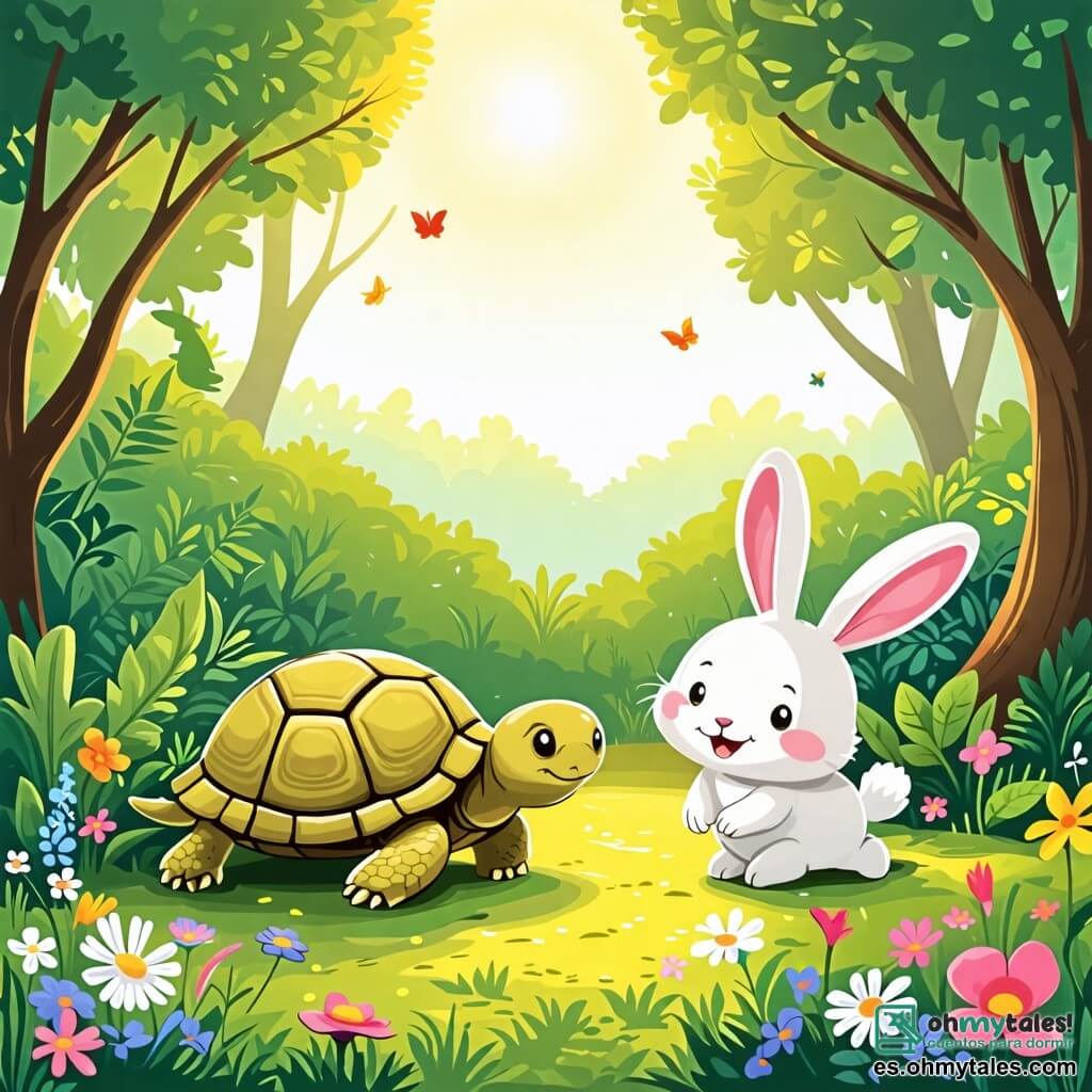 Une illustration sous forme de dessin destinée aux enfants représentant une clairière ensoleillée dans une forêt verdoyante, où une tortue au caparazón brillant et aux yeux doux avance lentement en souriant, tandis qu'un conejito aux grandes oreilles et au pelage blanc bondit joyeusement autour d'elle, tous deux engagés dans un jeu de comptage de fleurs colorées qui poussent autour d'eux, illustrant ainsi leur amitié et la beauté de leurs différences.