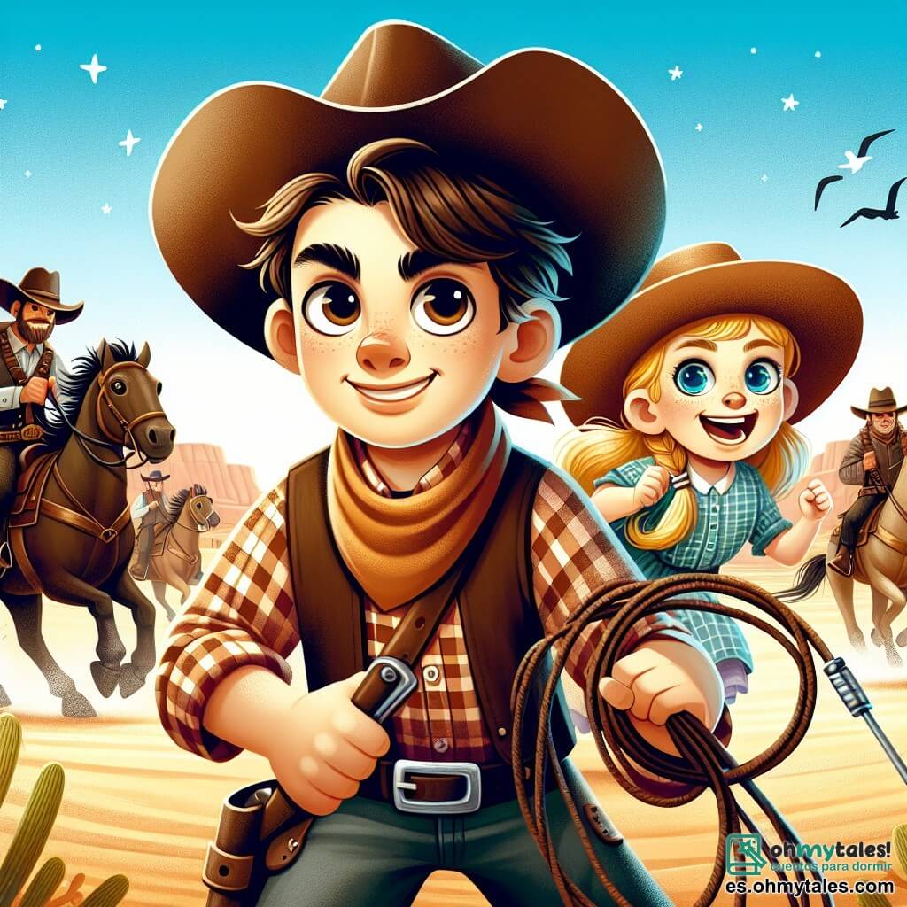 Une illustration sous forme de dessin destinée aux enfants représentant un vaste ranch américain sous un ciel bleu éclatant, avec un jeune homme vaillant aux cheveux bruns et au visage déterminé, vêtu d'un chapeau de cowboy et d'une chemise à carreaux, tenant un lasso prêt à l'emploi, tandis que sa sœur, une petite fille aux cheveux blonds et aux yeux pétillants, l'encourage avec un grand sourire, alors qu'ils se préparent à affronter des bandits qui s'approchent à cheval, créant une atmosphère de courage et d'aventure au cœur du Far West.