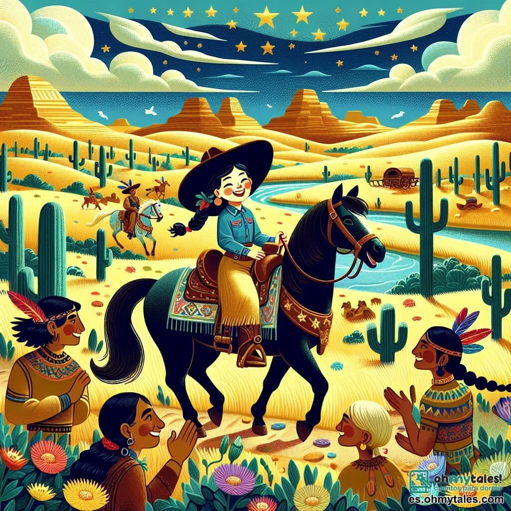 Une illustration sous forme de dessin destinée aux enfants représentant un vaste paysage du Far West américain, avec des collines dorées et des cactus éparpillés sous un ciel bleu éclatant, où une jeune femme vaquera au sourire éclatant, portant un grand chapeau de cow-boy et des bottes en cuir, chevauchant un magnifique cheval noir nommé Estrella, tandis qu'un groupe d'indiens amicaux, avec des plumes colorées dans les cheveux, les observe avec curiosité, alors qu'ils découvrent un ancien coffre au trésor scintillant, entouré de fleurs sauvages, symbolisant l'aventure et l'amitié dans ce monde sauvage.