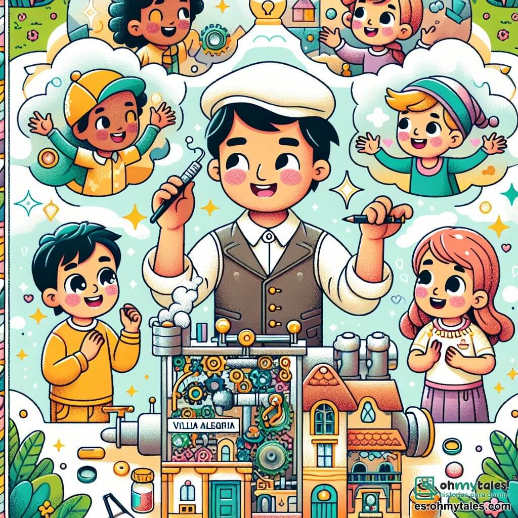 Une illustration destinée aux enfants représentant un homme inventif et rêveur, créant une machine magique pour réaliser les rêves des enfants, accompagné de joyeux enfants aux yeux pétillants, dans un petit village coloré appelé Villa Alegría.