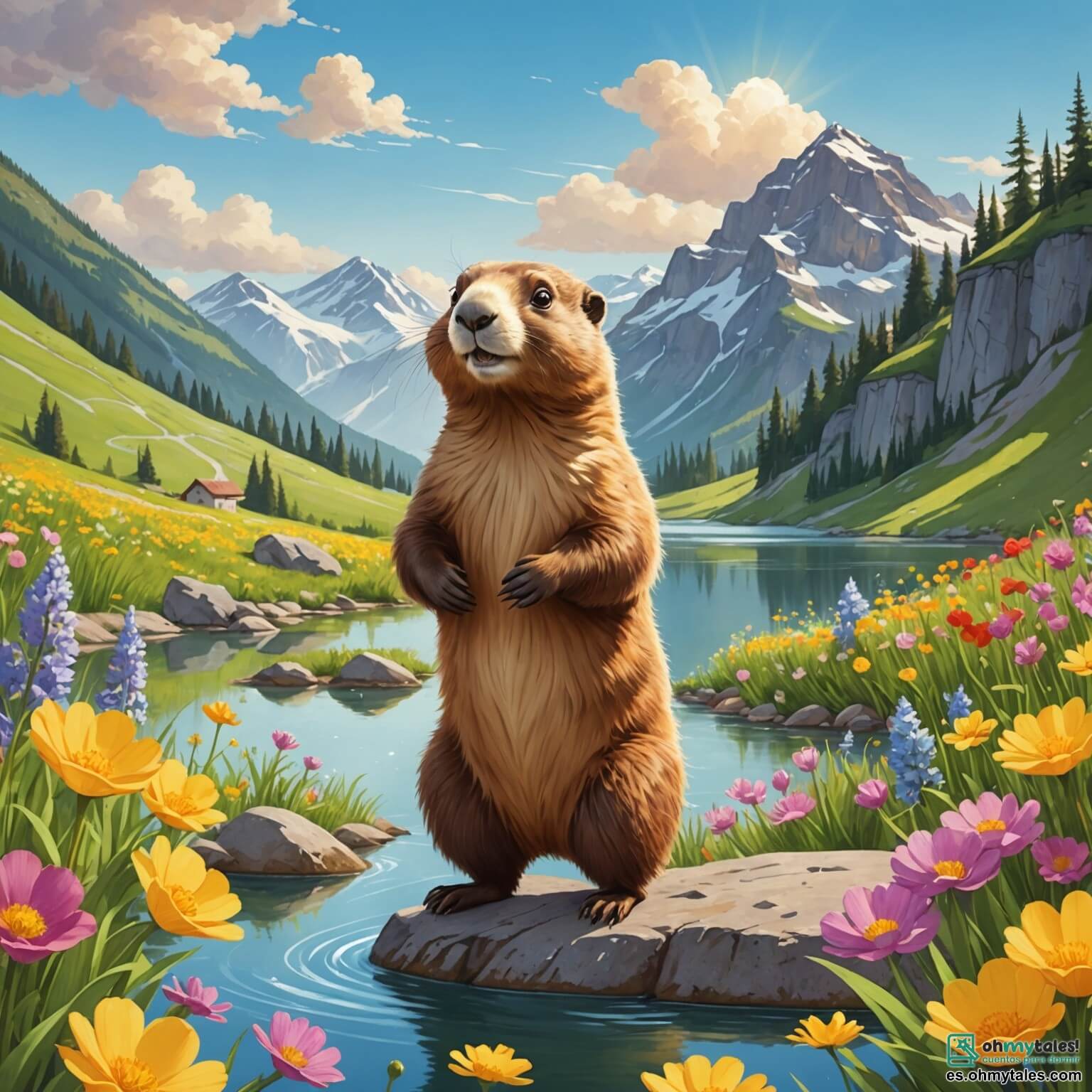 Une illustration destinée aux enfants représentant une marmotte espiègle à la fourrure douce comme un nuage, qui se tient debout sur ses pattes arrière, les yeux pétillants de curiosité, se préparant à explorer un vaste et verdoyant vallon parsemé de fleurs colorées, où un petit canard jaune, son ami fidèle, nage joyeusement dans un étang scintillant sous le soleil d'été.