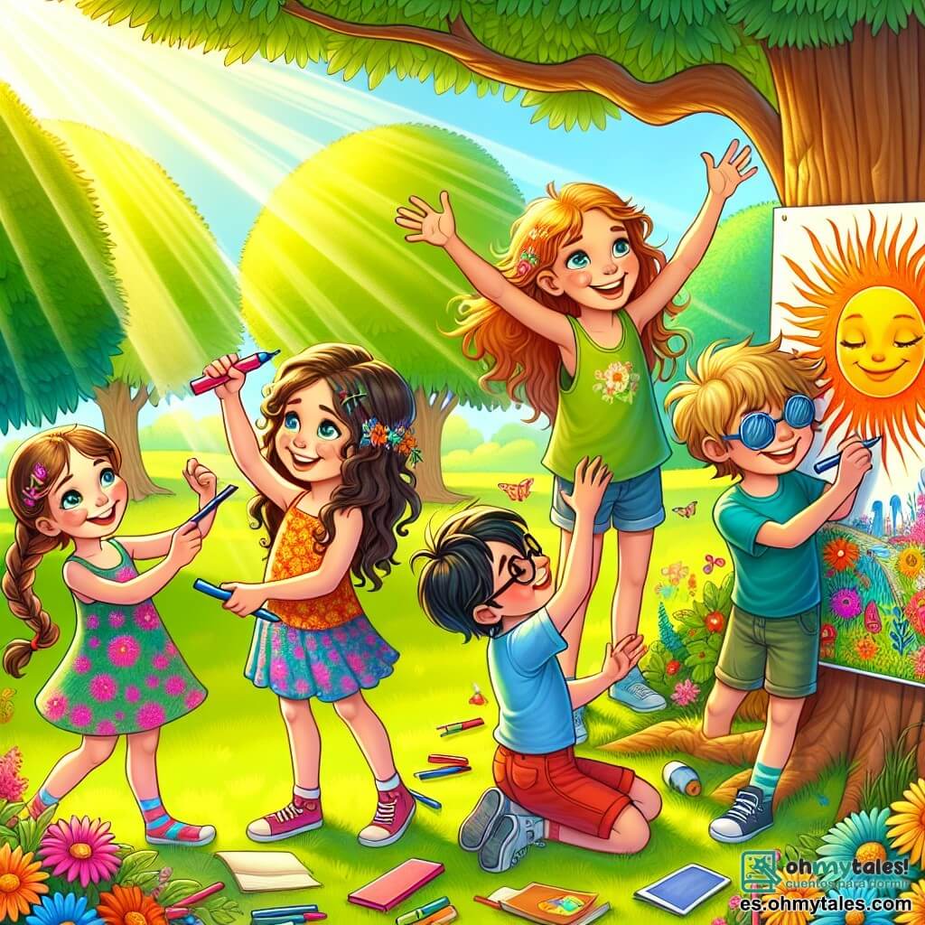 Ilustración que representa un parque soleado, lleno de exuberante vegetación, con majestuosos árboles de hojas verdes brillantes y flores coloridas esparcidas sobre el césped. En el centro, un grupo de cuatro niños, dos niñas y dos niños, se encuentra alegremente alrededor de un gran cartel colorido. La primera niña, de unos nueve años, tiene largos cabellos castaños trenzados y lleva un vestido de flores. Sonríe sosteniendo un marcador, lista para añadir un toque final al cartel. El segundo niño, un chico de nueve años con el cabello rubio desordenado y una camiseta azul, levanta los brazos al aire, expresando su entusiasmo. La tercera niña, con cabello rizado y gafas, está dibujando un sol radiante en el cartel, mientras que el cuarto niño, un chico con gafas de sol y un pantalón corto rojo, observa con admiración el trabajo de sus amigos. La escena principal muestra a los niños celebrando su proyecto sobre el equilibrio entre el tiempo de pantalla y el juego al aire libre, rodeados de risas y alegría, con juguetes y globos coloridos esparcidos a su alrededor. Al fondo, otros niños juegan, ilustrando el espíritu de camaradería y creatividad que reina en el parque.