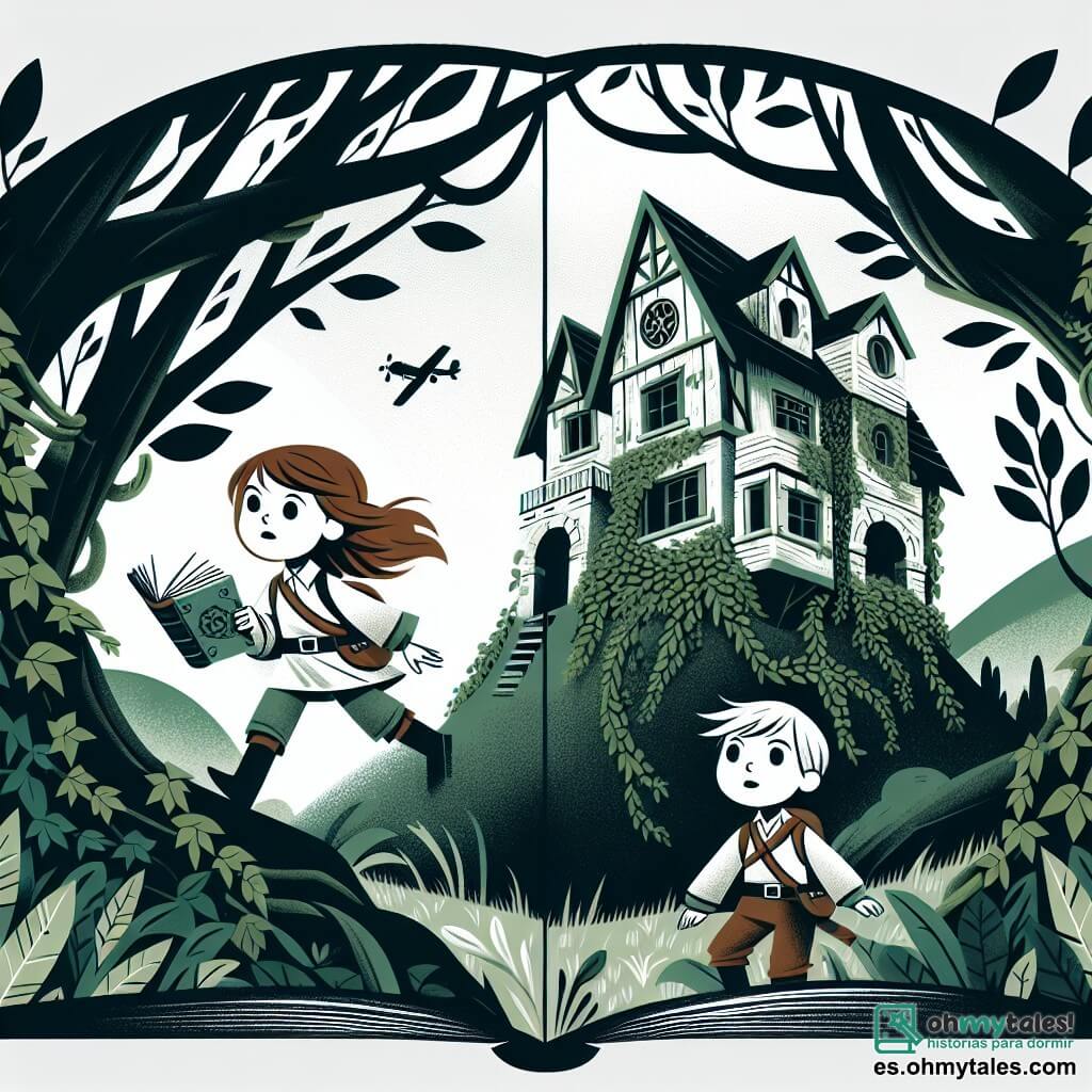 Une illustration destinée aux enfants représentant une petite fille intrépide et curieuse, accompagnée de sa meilleure amie, explorant une mystérieuse maison abandonnée perchée sur une colline recouverte de lierre et entourée d'arbres séculaires dans le paisible village de Villa Feliz.