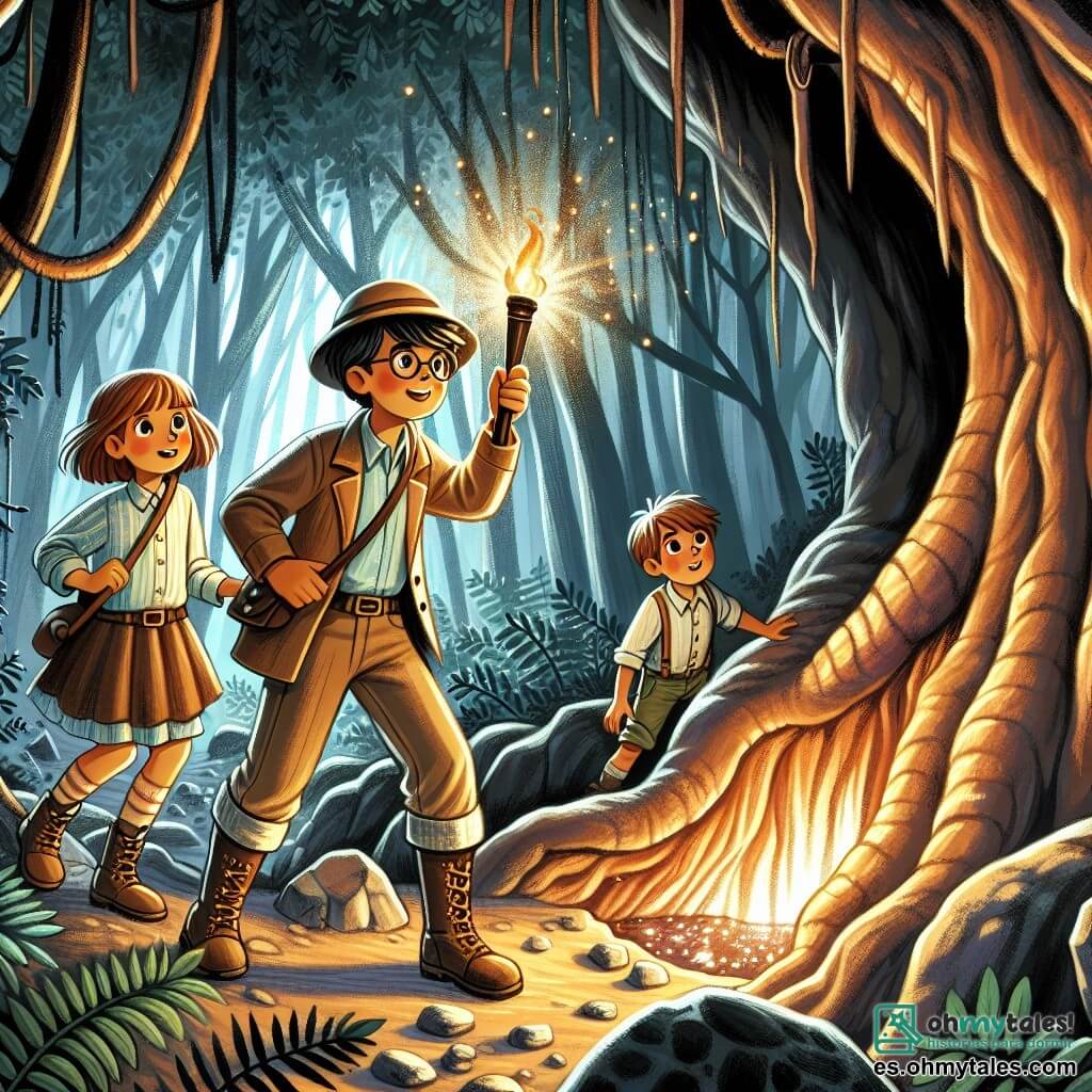 Une illustration destinée aux enfants représentant un archéologue passionné par les mystères du passé, accompagné d'une fille et d'un garçon, explorant une ancienne cave cachée au cœur d'une forêt dense et mystérieuse.