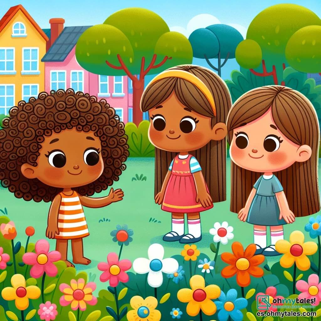 Une illustration destinée aux enfants représentant une petite fille aux cheveux bouclés et à la peau dorée, une situation où elle accueille un nouvel ami dans un jardin aux fleurs multicolores, accompagnée d'une autre petite fille aux cheveux lisses et à la peau claire, dans un quartier parsemé de maisons colorées et d'arbres verdoyants.