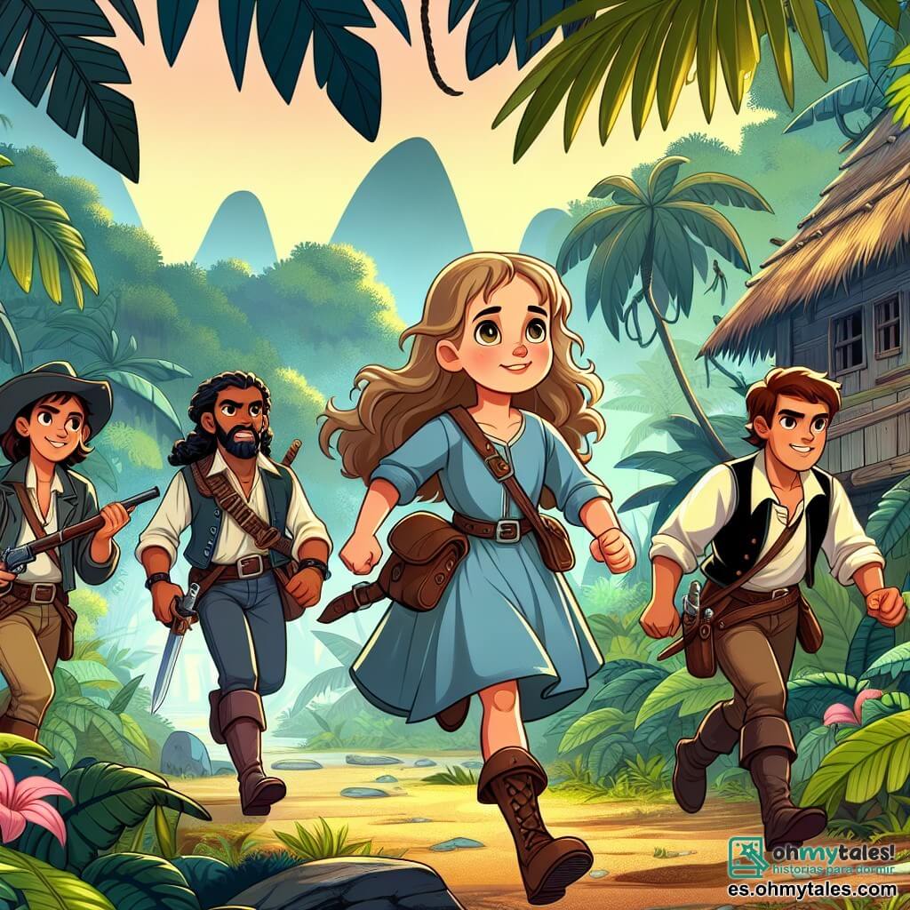 Une illustration destinée aux enfants représentant une jeune fille courageuse, accompagnée de ses amis, explorant un mystérieux village abandonné niché au cœur de la dense forêt tropicale, où se cache un trésor légendaire.