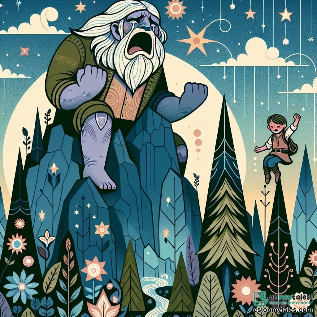 Une illustration destinée aux enfants représentant un géant pleurant sur une colline haute, accompagné d'un courageux enfant explorateur, dans un bosque encantado aux arbres chantants et aux fleurs éclatantes.