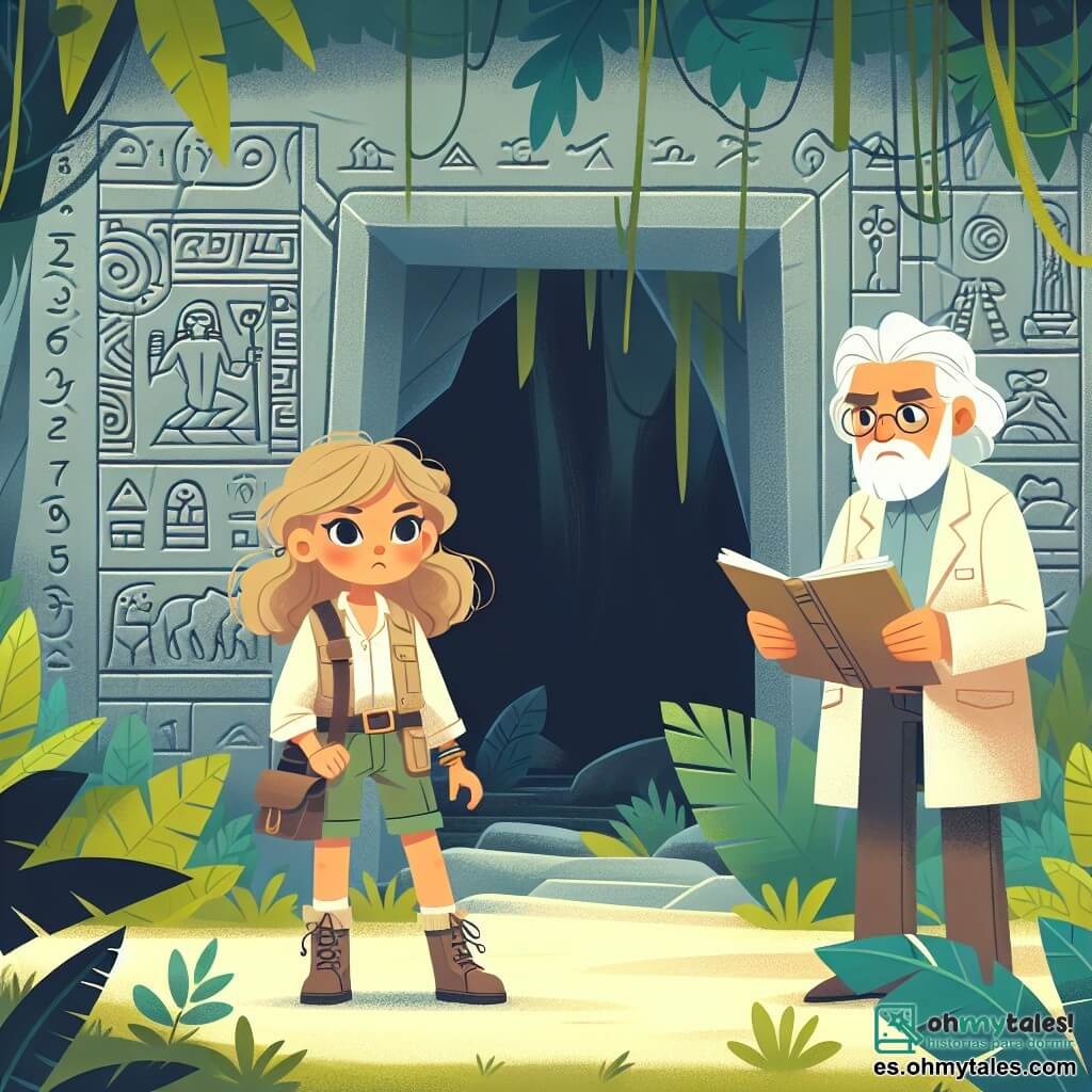 Une illustration destinée aux enfants représentant une courageuse exploratrice (fille) se tenant devant l'entrée d'une mystérieuse grotte dans une dense jungle tropicale, accompagnée d'un savant professeur (homme) aux cheveux gris, observant des inscriptions anciennes sur les parois rocheuses.