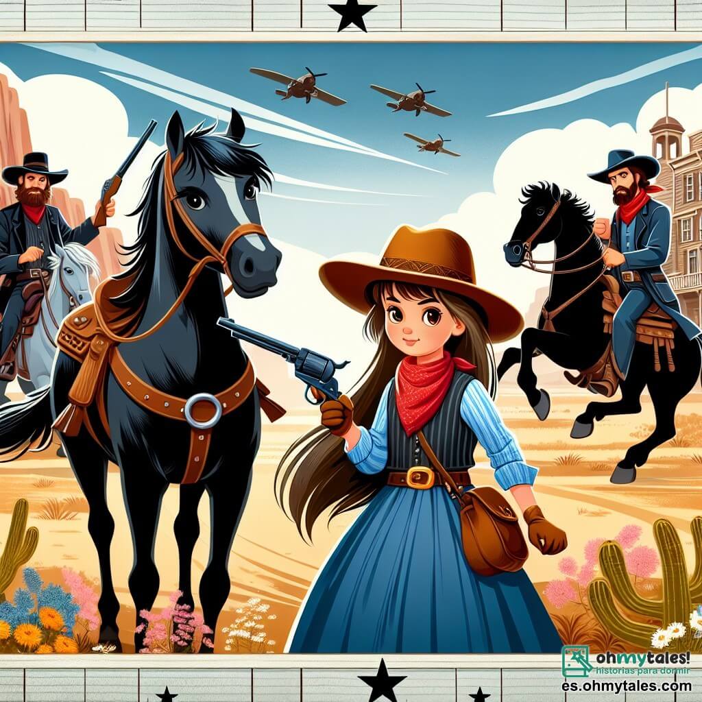 Une illustration destinée aux enfants représentant une jeune fille vaquera courageuse affrontant des forajidos dans les vastes plaines du désert de l'Ouest américain, accompagnée de son fidèle cheval noir.