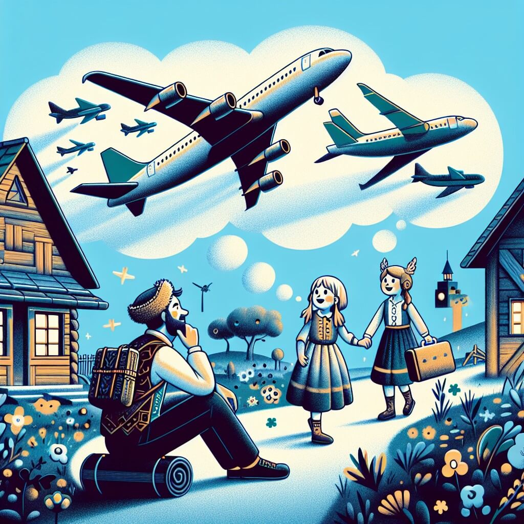 Une illustration destinée aux enfants représentant un homme rêvant de voler, entouré d'avions dans un petit village près d'un aéroport, où il rencontre deux enfants curieux et aventureux.