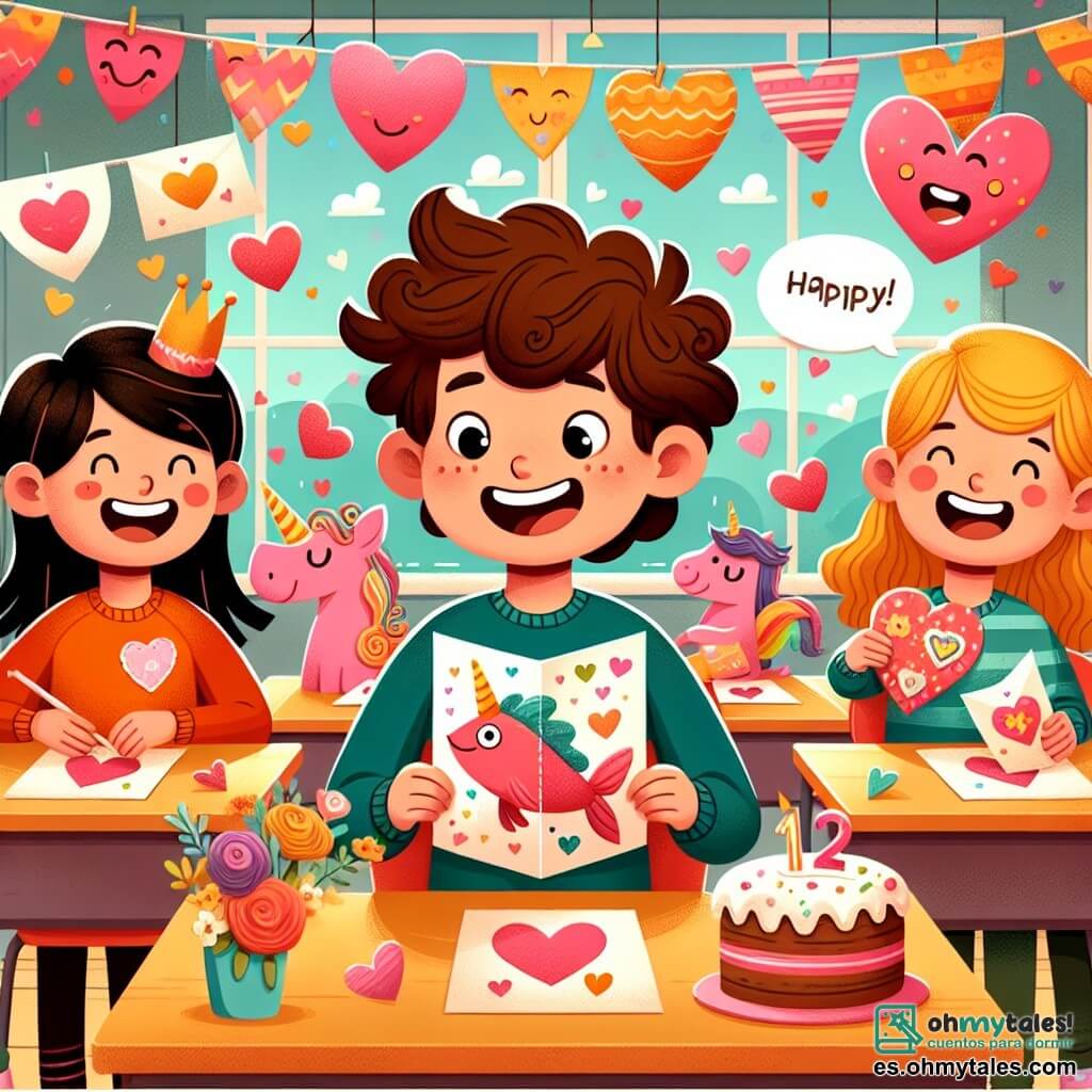 Une illustration sous forme de dessin destinée aux enfants représentant une salle de classe colorée et joyeusement décorée pour la fête de la Saint-Valentin, avec un garçon de 11 ans aux cheveux bruns et bouclés, souriant et tenant une carte de Saint-Valentin faite à la main, entouré de deux amis : une fille aux cheveux longs et blonds qui rit en montrant sa propre carte ornée d'un unicorn, et un garçon aux cheveux courts et châtains, faisant une blague avec une carte en forme de poisson, tandis que des cœurs en papier flottent dans l'air et que des gâteaux décorés sont posés sur les bureaux, illustrant l'esprit d'amitié et de partage de cette journée spéciale.
