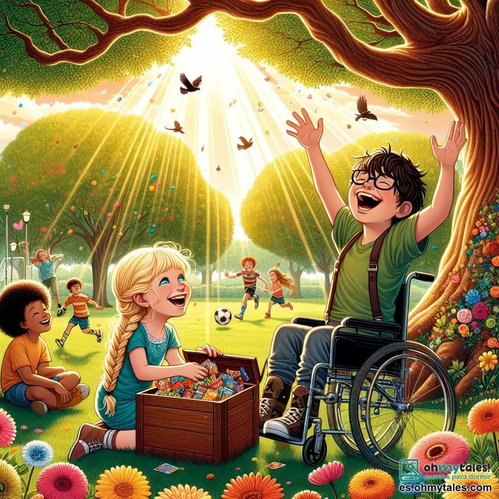 Ilustración que representa a un pequeño grupo de amigos en un hermoso parque soleado, lleno de flores coloridas y majestuosos árboles. En el centro, un gran árbol con hojas verdes brillantes ofrece sombra, mientras que un suave rayo de sol atraviesa las ramas, iluminando la escena. Un niño de diez años, con cabello castaño desordenado y una gran sonrisa, está sentado en el césped, sosteniendo una pequeña caja de madera abierta, que revela caramelos coloridos y notas inspiradoras. A su lado, una niña de su edad, con trenzas rubias y ojos brillantes, ríe alegremente, con las manos sobre las rodillas. Otro niño, también de diez años, está en una silla de ruedas, con cabello negro y gafas, sonriendo ampliamente y levantando los brazos en señal de victoria. La escena principal muestra a los tres amigos compartiendo caramelos y riendo juntos, simbolizando su sólida amistad. Al fondo, niños juegan al fútbol y los pájaros cantan en los árboles, añadiendo una atmósfera alegre y vibrante a la ilustración. Rayos de sol dorados iluminan la escena, creando un ambiente cálido y acogedor.