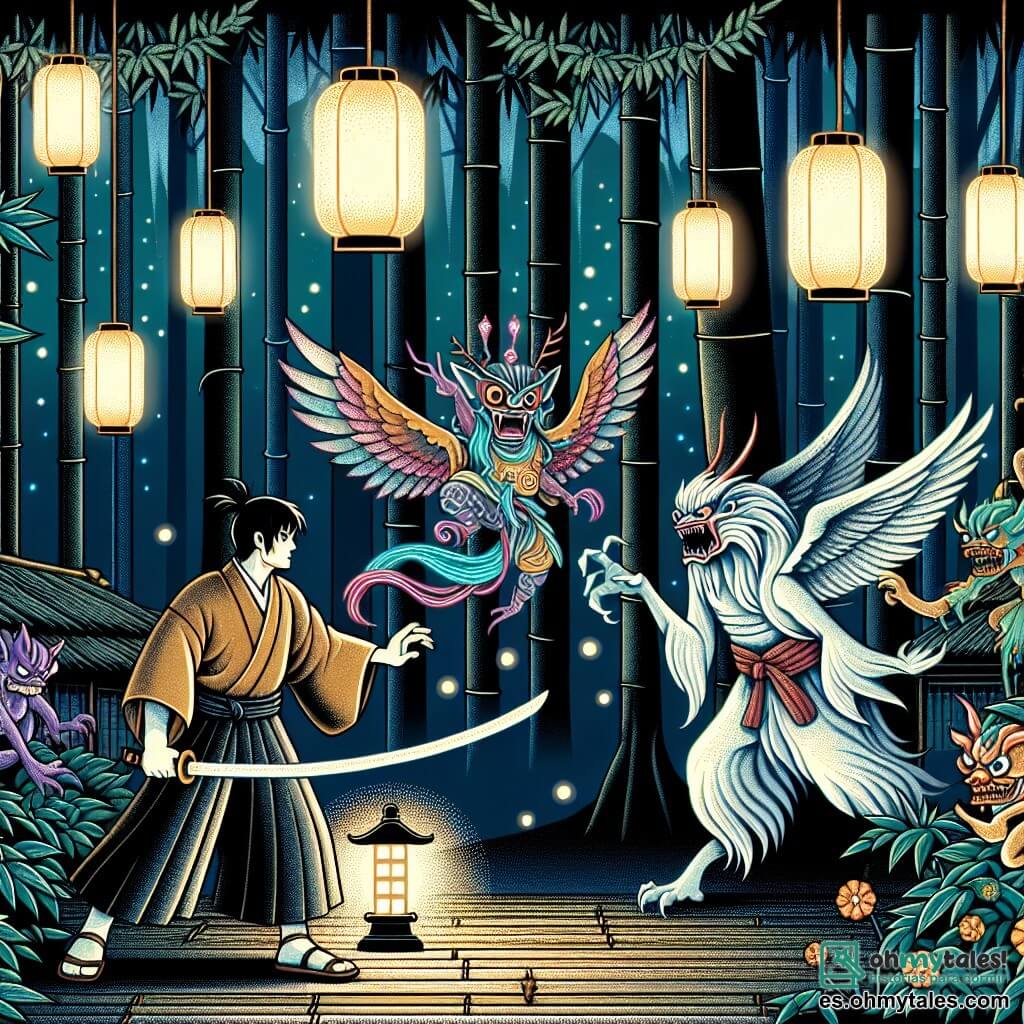 Une illustration destinée aux enfants représentant un homme courageux affrontant des créatures fantastiques dans un sombre bosquet de bambous, accompagné par un esprit du bois bienveillant, dans un Japon ancien aux couleurs chatoyantes et aux lanternes illuminées.