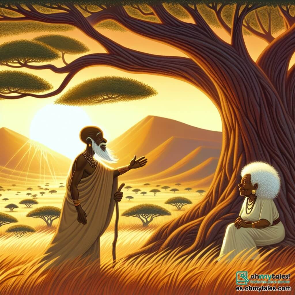 Une illustration destinée aux enfants représentant un homme sage aux cheveux argentés, en quête de sagesse, rencontrant une ancienne curandera sous un ancien arbre millénaire, dans les vastes plaines de la savane africaine baignées par la lumière dorée du soleil couchant.