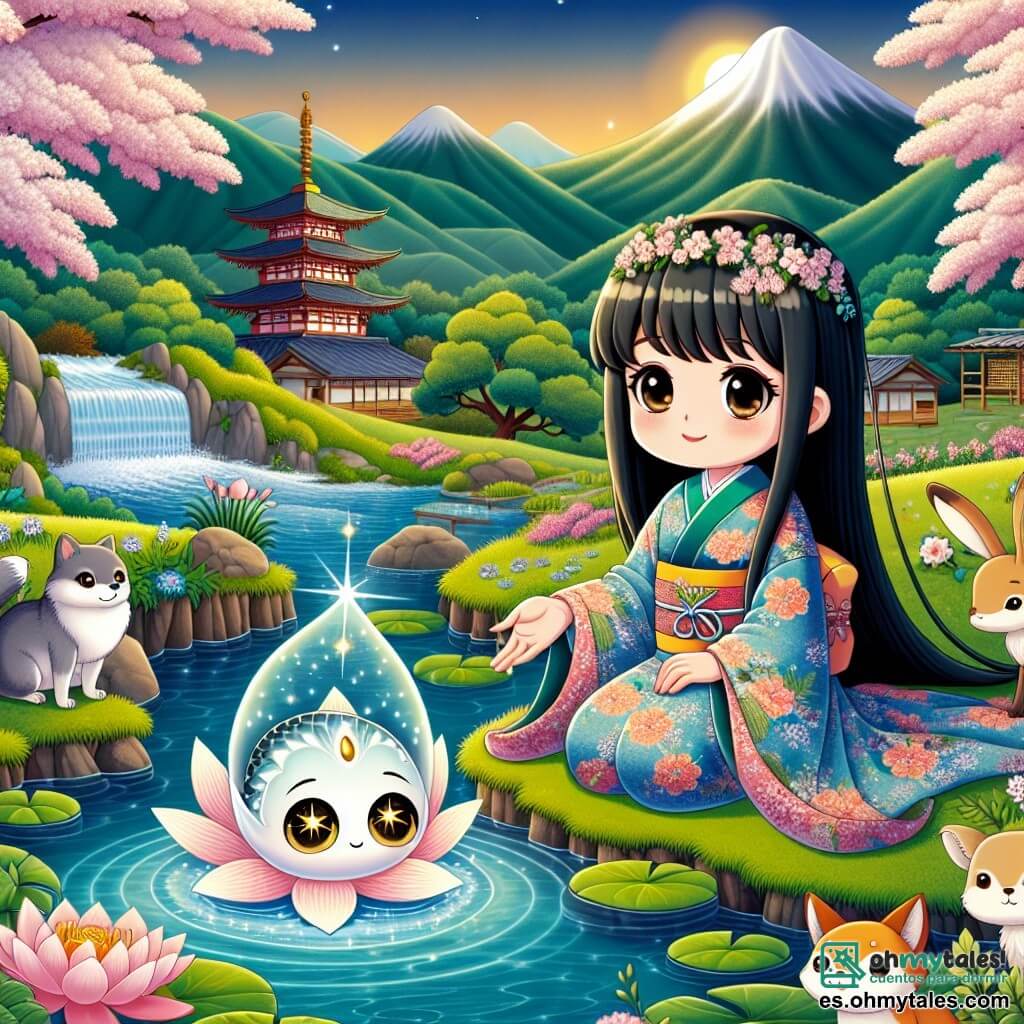 Une illustration sous forme de dessin destinée aux enfants représentant un paisible village japonais entouré de montagnes verdoyantes et de cerisiers en fleurs, avec une jeune fille aux longs cheveux noirs, vêtue d'un kimono coloré, assise au bord d'un étang scintillant, contemplant un lotus lumineux qui flotte à la surface de l'eau, tandis qu'un esprit aquatique aux yeux dorés et à la peau brillante émerge doucement de l'eau, et un groupe d'animaux, dont un renard rusé et des lapins curieux, se rassemblent autour d'elle, tous captivés par la magie de ce moment où la générosité et la sagesse se rencontrent.