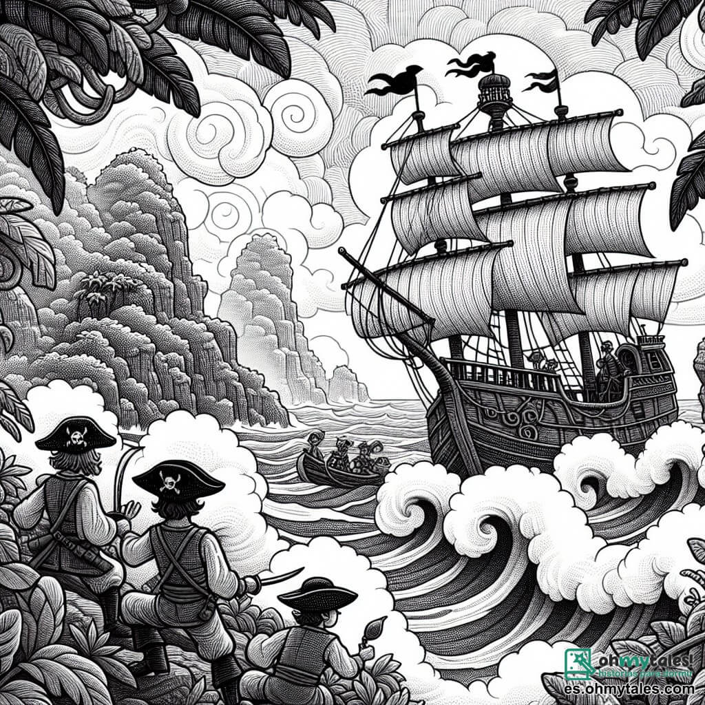 Une illustration destinée aux enfants représentant un courageux capitaine pirate, entouré de sa fidèle bande, naviguant sur un navire majestueux à travers une mer agitée et mystérieuse, à la recherche d'un trésor perdu sur une île recouverte de végétation luxuriante et de pièges sournois.
