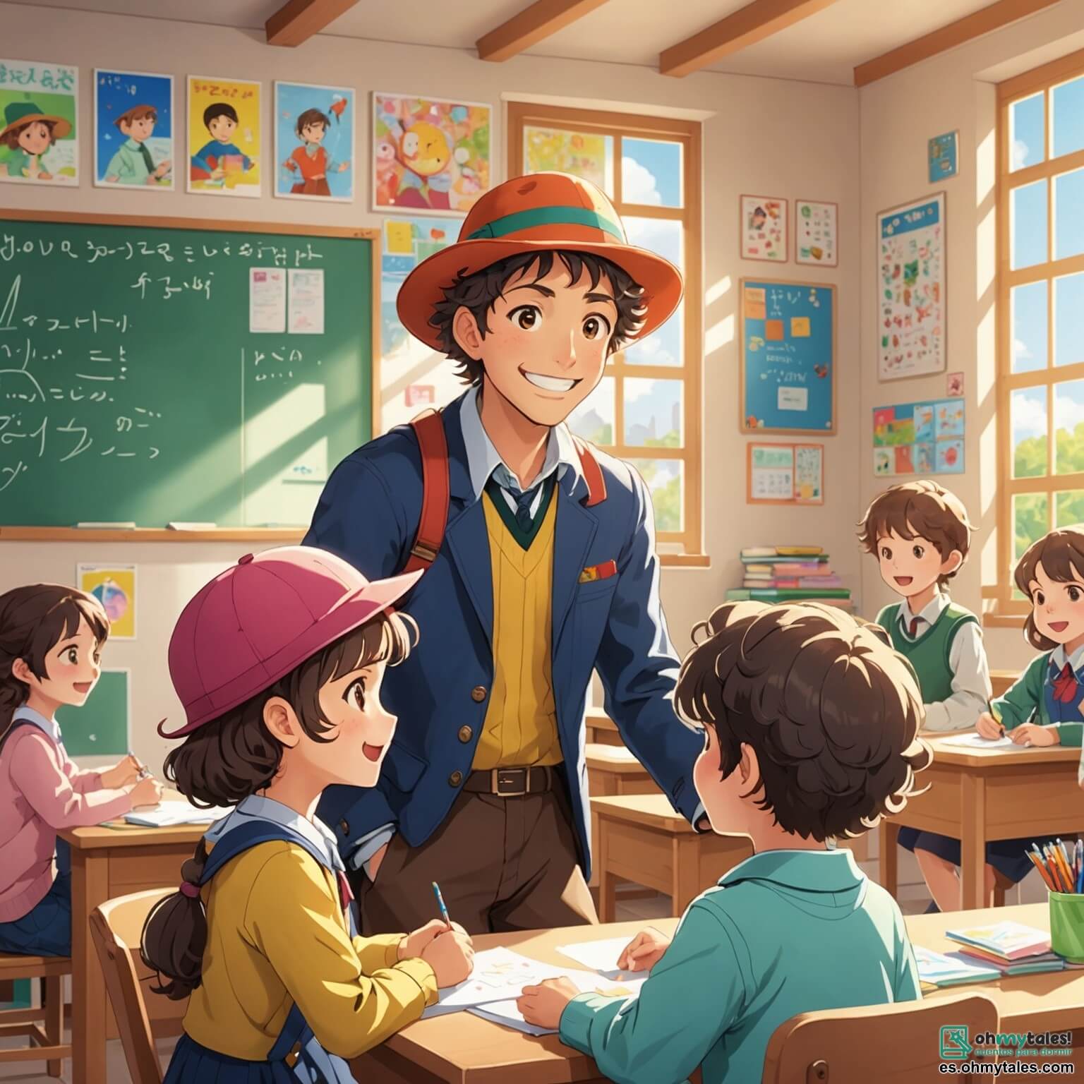 Une illustration destinée aux enfants représentant un homme au sourire chaleureux et au chapeau coloré, debout devant une classe ensoleillée où des enfants aux yeux pétillants s'émerveillent de ses leçons ludiques, tandis qu'une petite fille aux cheveux bouclés, assise à son bureau, lève la main avec enthousiasme, le tout se déroulant dans une salle de classe lumineuse ornée de dessins colorés et de posters éducatifs, où la lumière du soleil filtre à travers des fenêtres aux rideaux vifs, créant une atmosphère joyeuse et inspirante.