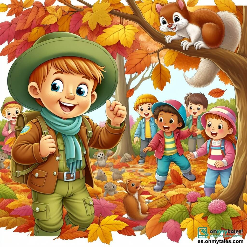 Une illustration destinée aux enfants représentant un jeune garçon explorateur, entouré d'arbres aux feuilles d'automne flamboyantes, jouant joyeusement avec un groupe d'enfants dans un parc rempli de piles de feuilles croquantes, tandis qu'une adorable petite écureuil observe attentivement depuis une branche au-dessus.