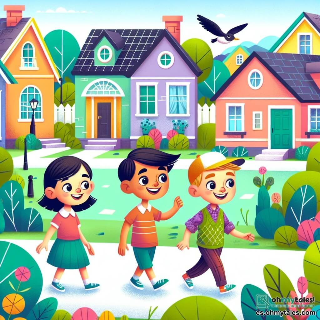 Une illustration destinée aux enfants représentant un garçon curieux et débrouillard, accompagné de ses amis, une fille pleine d'énergie et un garçon astucieux, explorant un charmant quartier avec des maisons colorées et un parc verdoyant.