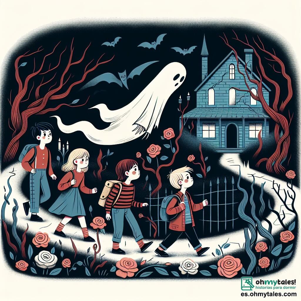 Une illustration destinée aux enfants représentant un fantôme mélancolique flottant dans une maison encantée, accompagné de quatre enfants courageux, deux garçons et deux filles, explorant un jardin sombre et mystérieux rempli de rosas marchitas et arbres retorcidos.