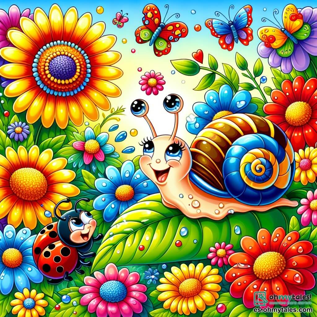 Ilustración que representa un jardín exuberante, lleno de flores coloridas con pétalos brillantes: amarillos vivos, azules profundos y rojos intensos, todo bañado por la suave luz del sol. En el centro, un pequeño caracol con una concha en espiral marrón y crema, sus grandes ojos brillantes y curiosos, se mueve lentamente sobre una hoja verde, dejando tras de sí una estela brillante. A su lado, una mariquita alegre con alas rojas salpicadas de puntos negros, que vuela a su alrededor, sonriente y llena de energía. La escena captura el momento en que el caracol y la mariquita exploran juntos el jardín, maravillados por la belleza de las flores que los rodean. Mariposas coloridas bailan en el aire y gotas de rocío brillan sobre las hojas, añadiendo un toque de magia a esta aventura amistosa.