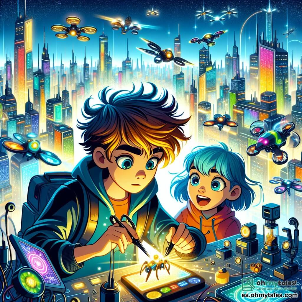 Une illustration sous forme de dessin destinée aux enfants représentant une ville futuriste nommée Luminalia, avec des bâtiments scintillants aux couleurs vives et des véhicules volants dans le ciel, où un garçon de 11 ans avec des cheveux castaños en désordre et des yeux curieux, en train de réparer un petit dron lumineux, est accompagné par une fille aux cheveux bleus et aux yeux brillants, qui sourit et l'encourage, alors qu'ils se trouvent dans un laboratoire rempli d'inventions extraordinaires, illustrant leur quête pour retrouver le dron qui les aidera à retourner chez eux.