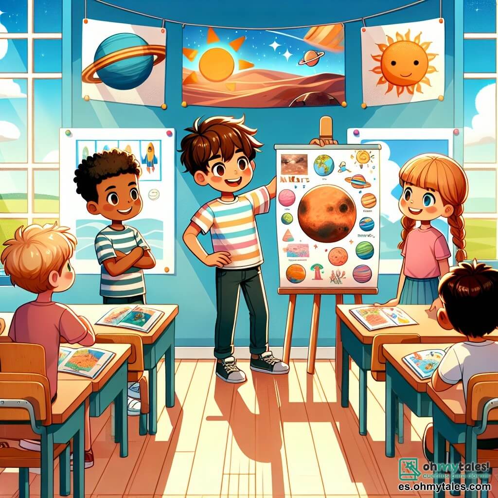 Ilustración que representa un aula luminosa y colorida, con paredes pintadas de azul claro y carteles educativos sobre el sistema solar. En el centro, un niño de 11 años, con el pelo castaño alborotado y una camiseta a rayas, está de pie con una gran sonrisa, sosteniendo un póster de Marte. A su lado, una niña de 10 años, con trenzas y una camiseta rosa, muestra dibujos coloridos de paisajes marcianos, mientras que un niño de 11 años, alto y atlético, se apoya en una mesa, escuchando atentamente. La escena irradia una atmósfera de emoción y camaradería, con escritorios de madera y lápices esparcidos, ilustrando el momento en que presentan su proyecto sobre Marte a sus compañeros de clase, todos cautivados por su entusiasmo. Rayos de sol filtran a través de las ventanas, añadiendo un toque cálido al conjunto.