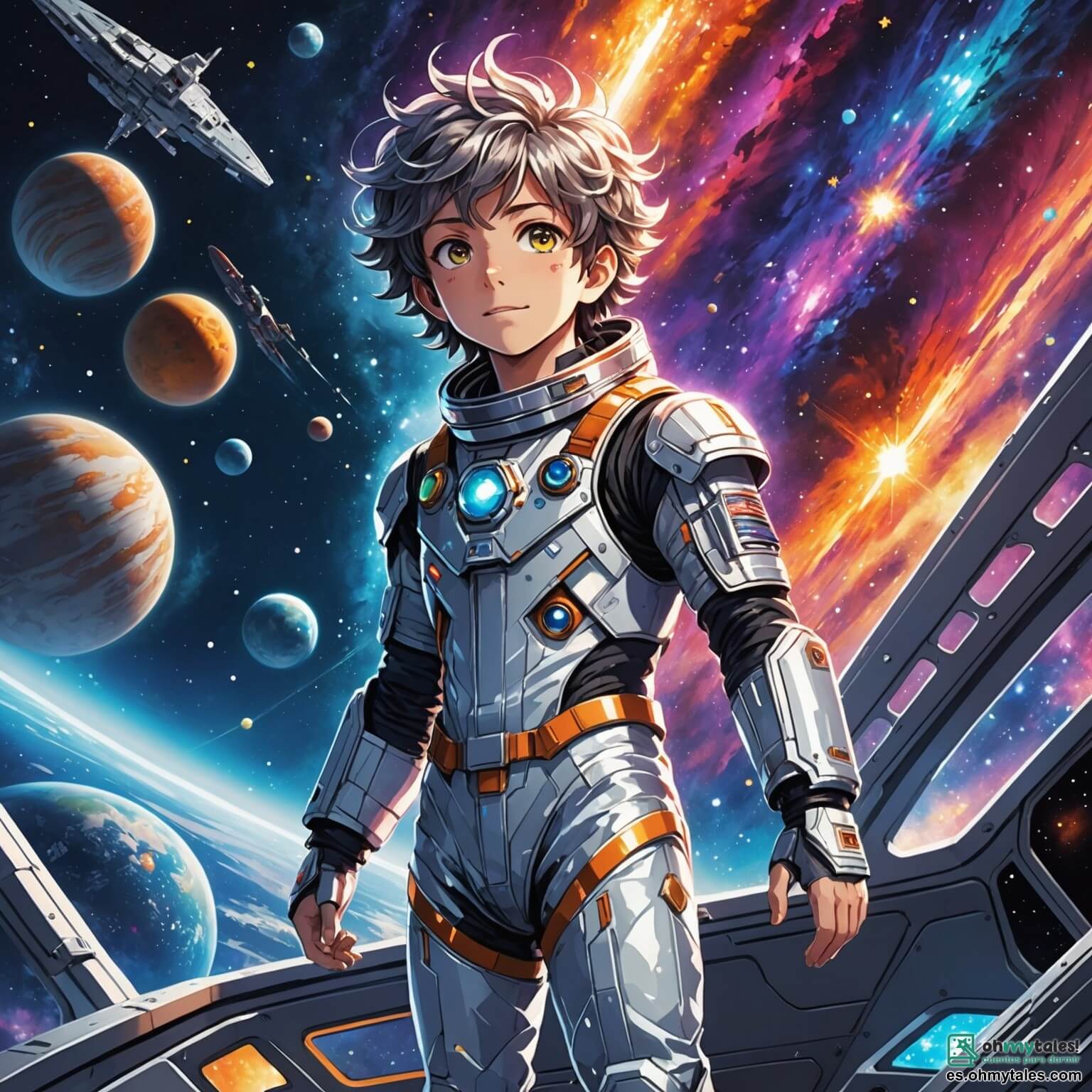 Une illustration destinée aux enfants représentant un homme intrépide aux cheveux ébouriffés et aux yeux pétillants d'enthousiasme, vêtu d'une combinaison spatiale scintillante ornée de motifs colorés, se tenant fermement sur le pont de commande d'une majestueuse navette spatiale aux reflets argentés, alors qu'il navigue à travers un cosmos vibrant de nébuleuses chatoyantes et d'étoiles scintillantes, accompagné de son fidèle ami, un garçon au sourire malicieux et à la casquette vissée sur la tête, qui manie les commandes avec une aisance déconcertante, tandis qu'ensemble, ils s'apprêtent à explorer un lointain et mystérieux planète aux paysages enchanteurs, où des montagnes aux teintes violettes se dressent majestueusement sous un ciel azur parsemé de nuages cotonneux, et où des forêts luxuriantes aux arbres aux feuilles luminescentes abritent des créatures étranges et fascinantes, promettant une aventure inoubliable et pleine de découvertes.