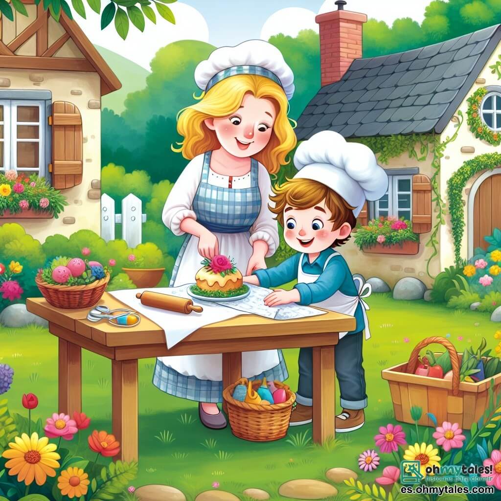 Une illustration destinée aux enfants représentant un petit garçon curieux et joyeux, préparant une fête surprise pour son papa avec l'aide bienveillante de sa maman, dans une charmante maison de campagne entourée de verdure et de fleurs colorées.