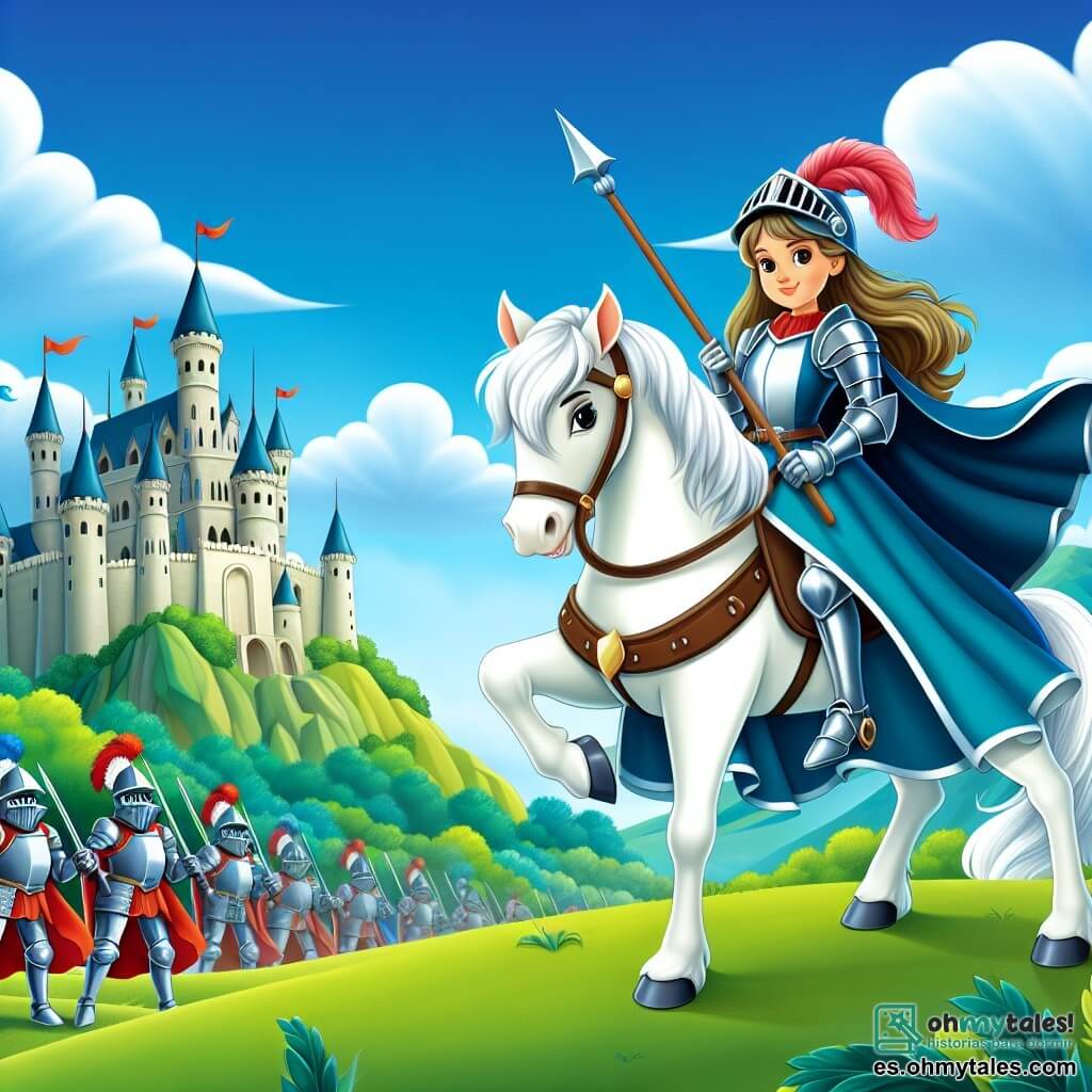 Une illustration destinée aux enfants représentant une chevaleresse courageuse se tenant fièrement sur une colline verdoyante, aux côtés de son fidèle destrier blanc, prête à affronter une armée ennemie menaçante, dans un royaume médiéval enchanté où les châteaux se dressent majestueusement contre un ciel bleu azur.