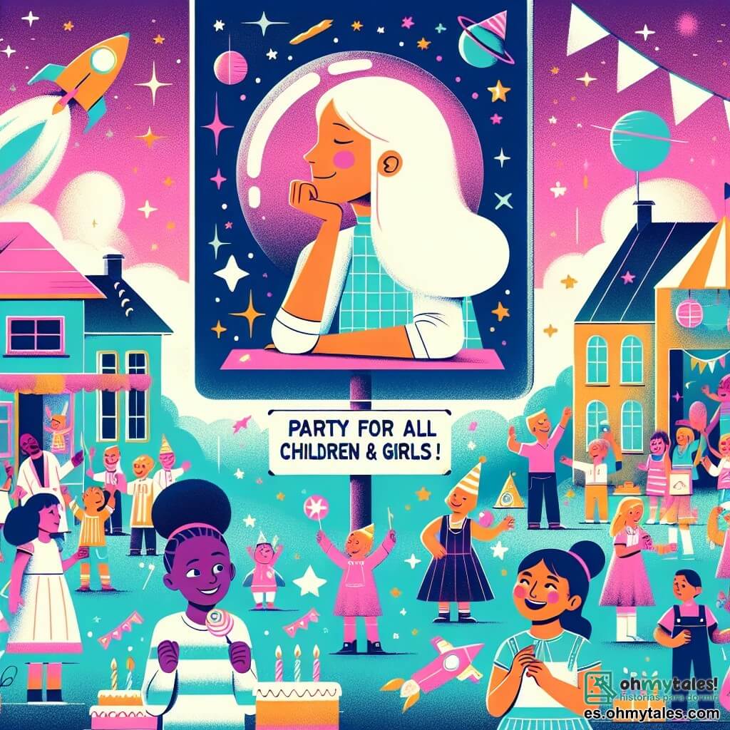 Une illustration destinée aux enfants représentant une jeune fille rêveuse, entourée de jouets spatiaux, qui promeut l'égalité des sexes lors d'une fête d'anniversaire dans un village coloré rempli d'enfants joyeux et d'une pancarte géante proclamant "Fête pour tous les enfants et toutes les filles !"