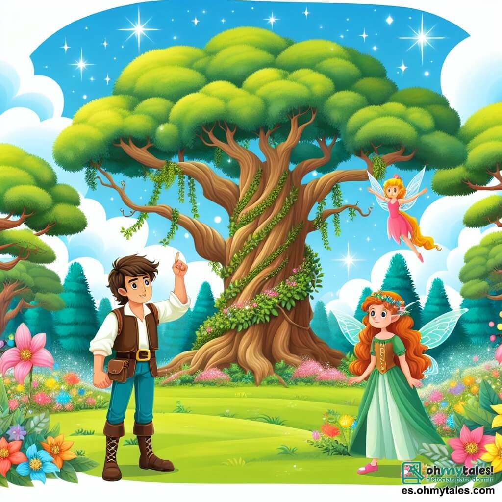 Une illustration destinée aux enfants représentant un homme courageux se tenant devant un majestueux arbre ancien, accompagné d'un charmant hada brillant, dans la Selva Encantada, une forêt enchantée aux arbres aux couleurs vives et aux fleurs scintillantes.