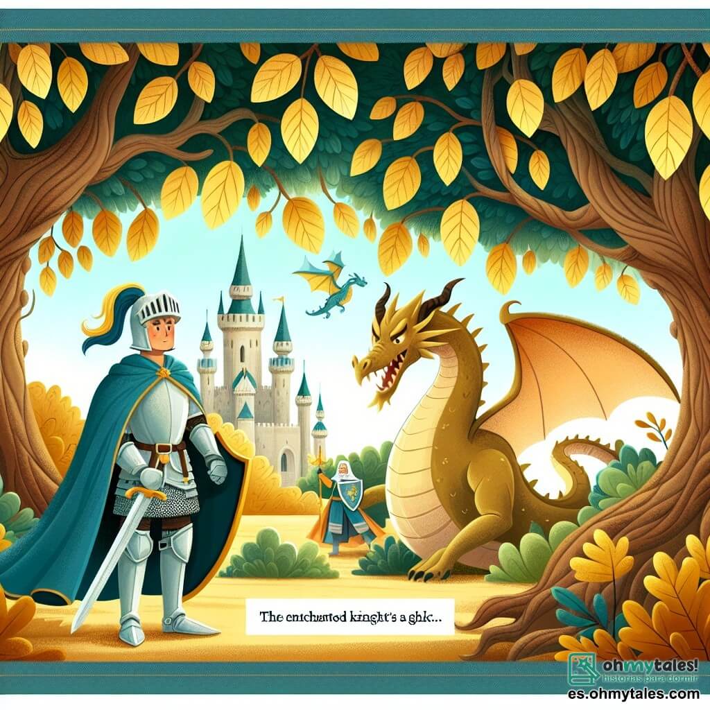 Une illustration destinée aux enfants représentant un courageux chevalier, un dragon maléfique, et un bosquet enchanté aux arbres aux feuilles d'or, où se déroule l'histoire captivante des aventures épiques d'un valeureux chevalier dans le royaume enchanté d'Argentum.