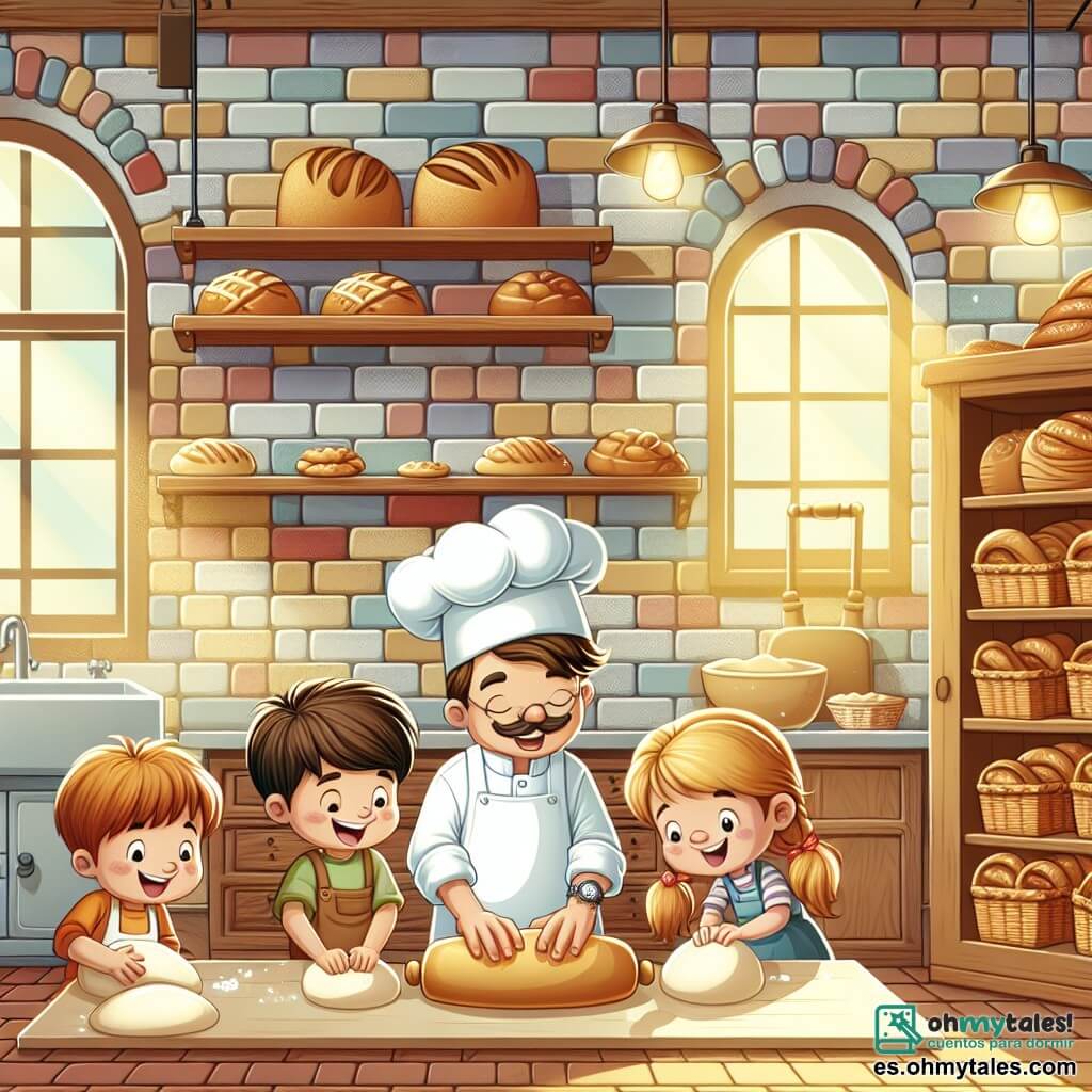 Une illustration sous forme de dessin destinée aux enfants représentant l'intérieur d'une charmante panadería colorée, avec des murs en briques et des étagères remplies de pains dorés et de pâtisseries, où un homme au visage souriant, portant un tablier blanc et une toque de chef, est en train d'apprendre à un groupe de trois enfants, un garçon aux cheveux bruns et deux filles aux cheveux blonds, à pétrir la pâte avec enthousiasme, tandis qu'une douce lumière du matin filtre à travers la fenêtre, créant une atmosphère chaleureuse et joyeuse.
