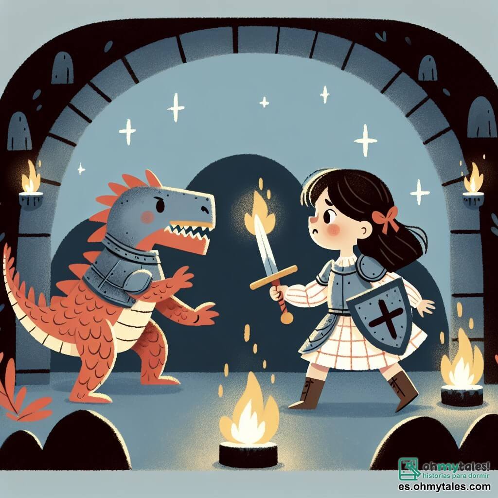 Une illustration destinée aux enfants représentant une jeune chevalière courageuse affrontant un redoutable dragon dans une sombre et mystérieuse cave illuminée par des flammes dans un royaume médiéval fantastique.