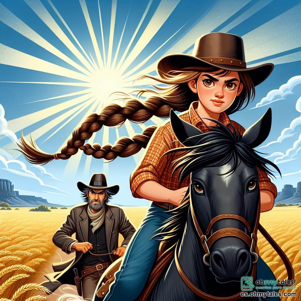 Une illustration sous forme de dessin destinée aux enfants représentant un vaste paysage de prairie dorée sous un ciel bleu éclatant, avec une jeune cow-girl courageuse aux longs cheveux bruns tressés, vêtue d'un chapeau de cowboy et d'une chemise à carreaux, montant fièrement son cheval noir au galop, tandis qu'un homme au visage buriné et au chapeau usé, membre d'une bande de forajids, les poursuit avec une expression déterminée, illustrant ainsi la tension d'une aventure palpitante où le courage et l'amitié triomphent des dangers du Far West.