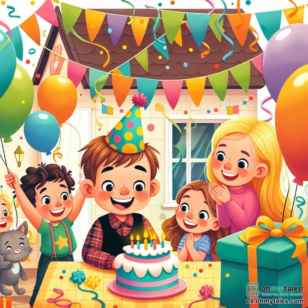 Une illustration destinée aux enfants représentant un petit garçon joyeux le jour de son anniversaire, entouré de ses amis et de sa famille, dans une maison décorée de ballons colorés et de guirlandes festives.