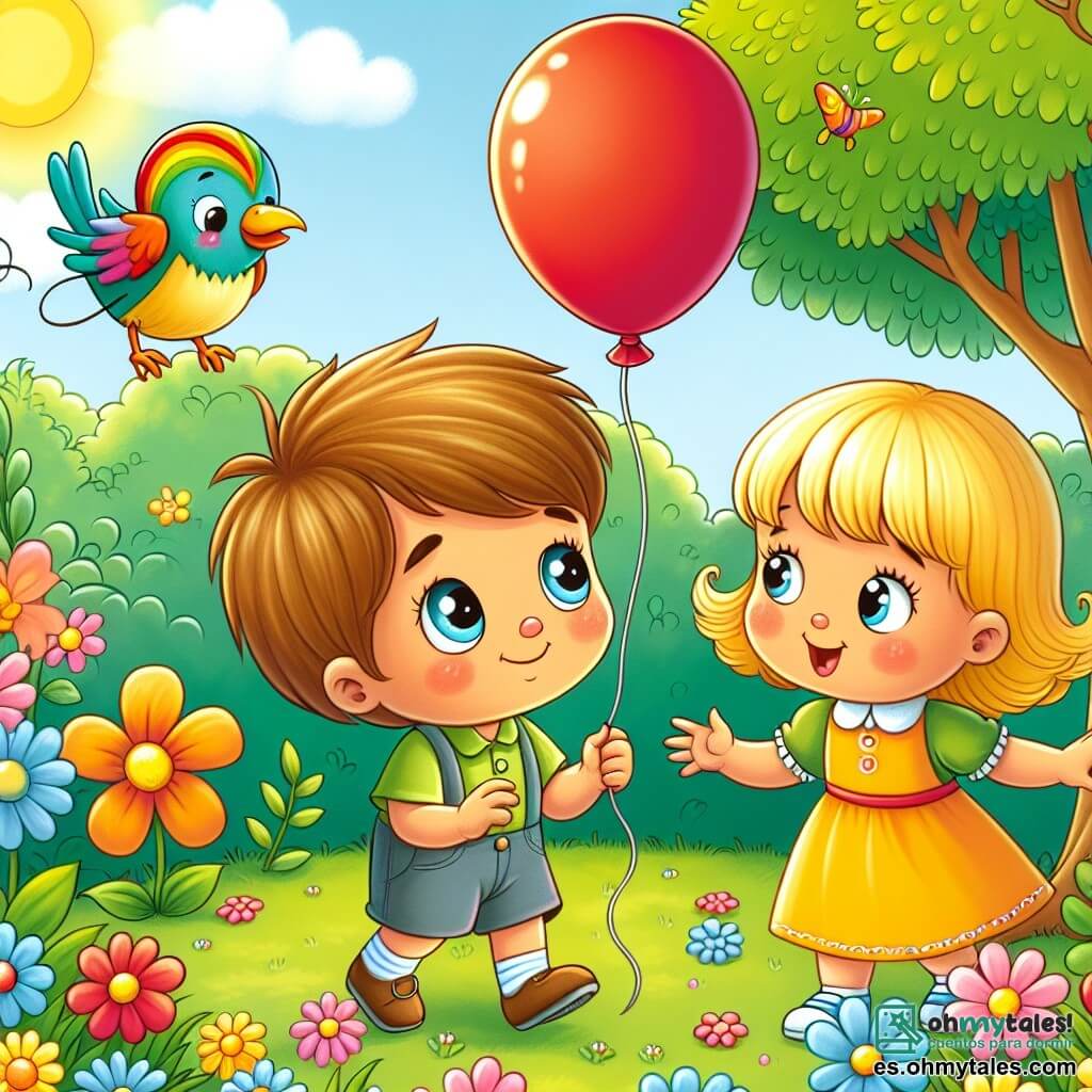 Une illustration sous forme de dessin destinée aux enfants représentant un parc ensoleillé avec des arbres verts et des fleurs colorées, où un garçon d'un an aux cheveux bruns et aux yeux pétillants, tenant un ballon rouge, regarde avec émerveillement un oiseau coloré qui tient le même ballon dans ses pattes, tandis qu'une petite fille aux cheveux blonds et portant une robe jaune s'approche avec un sourire encourageant, créant une scène pleine de curiosité et d'amitié, illustrant le moment où ils essaient de récupérer le ballon perdu.
