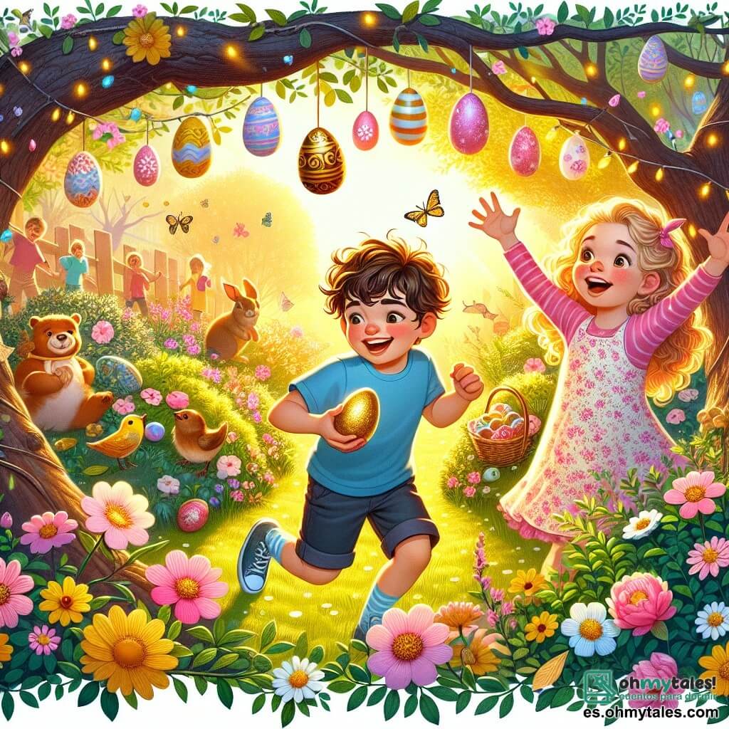 Ilustración que representa un jardín en plena floración, bañado por la luz dorada del sol de primavera. Las flores de colores, rosas, amarillas y violetas, bailan suavemente en la brisa, mientras que huevos de Pascua decorados están colgados en las ramas de los árboles. En el centro de la escena, un niño de diez años, con cabello castaño y rizado, lleva una camiseta azul y un short. Se inclina hacia adelante, con una gran sonrisa en el rostro, sosteniendo un huevo de chocolate dorado en sus manos. A su lado, una niña de seis años, con largos cabellos rubios y rizados, lleva un vestido rosa con flores. Levanta los brazos al aire, saltando de alegría, con los ojos brillantes de curiosidad. La situación principal muestra a los dos niños descubriendo un huevo de Pascua escondido bajo un arbusto, rodeados de sus amigos, todos sonrientes y emocionados. Al fondo, un cerdo de cartón decorado y guirnaldas de papel colorido añaden un toque festivo a la atmósfera alegre de la búsqueda de huevos.