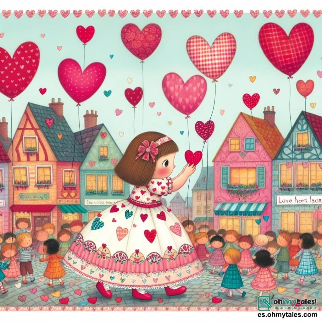 Une illustration destinée aux enfants représentant une petite fille vêtue d'un joli robe à motifs de cœurs, cherchant des cœurs perdus dans un village coloré décoré de ballons en forme de cœur, avec en toile de fond une place animée par des enfants joyeux.