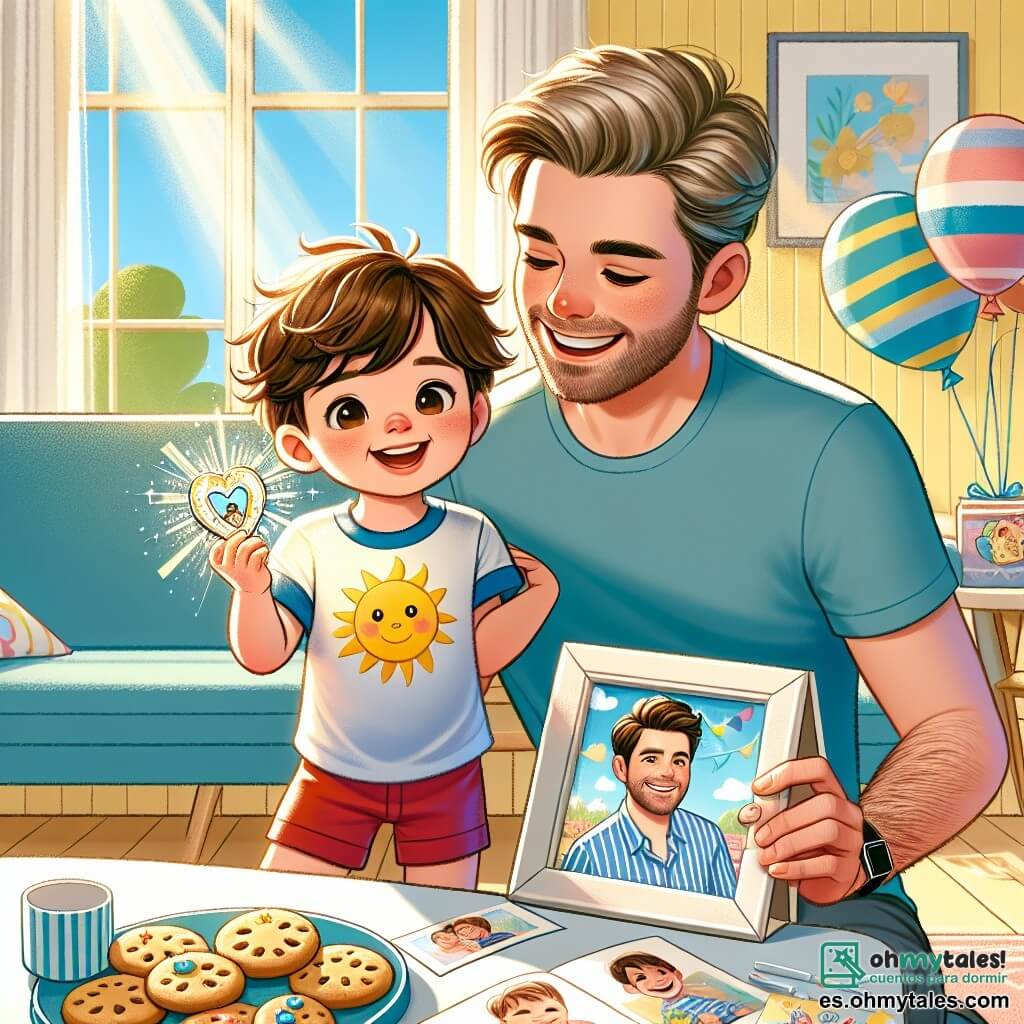 Ilustración que representa una acogedora sala de estar de una casa familiar, con paredes pintadas de amarillo pastel y ventanas que dejan entrar la luz del sol. En el centro, un niño de 5 años, con grandes ojos brillantes y cabello castaño desordenado, sonríe alegremente mientras sostiene un marco de fotos brillante en sus pequeñas manos. Lleva una camiseta azul con un dibujo de un sol y un pantalón corto rojo. A su lado, un hombre de unos 30 años, con cabello castaño y una ligera barba, se arrodilla sonriendo, con los ojos brillantes de felicidad, admirando el marco de fotos. En la mesa, hay pasteles caseros dispuestos de manera atractiva, y una tarjeta colorida con dibujos de un sol y globos está colocada junto al marco. La atmósfera está llena de alegría y amor, ilustrando un momento de celebración por el Día del Padre.