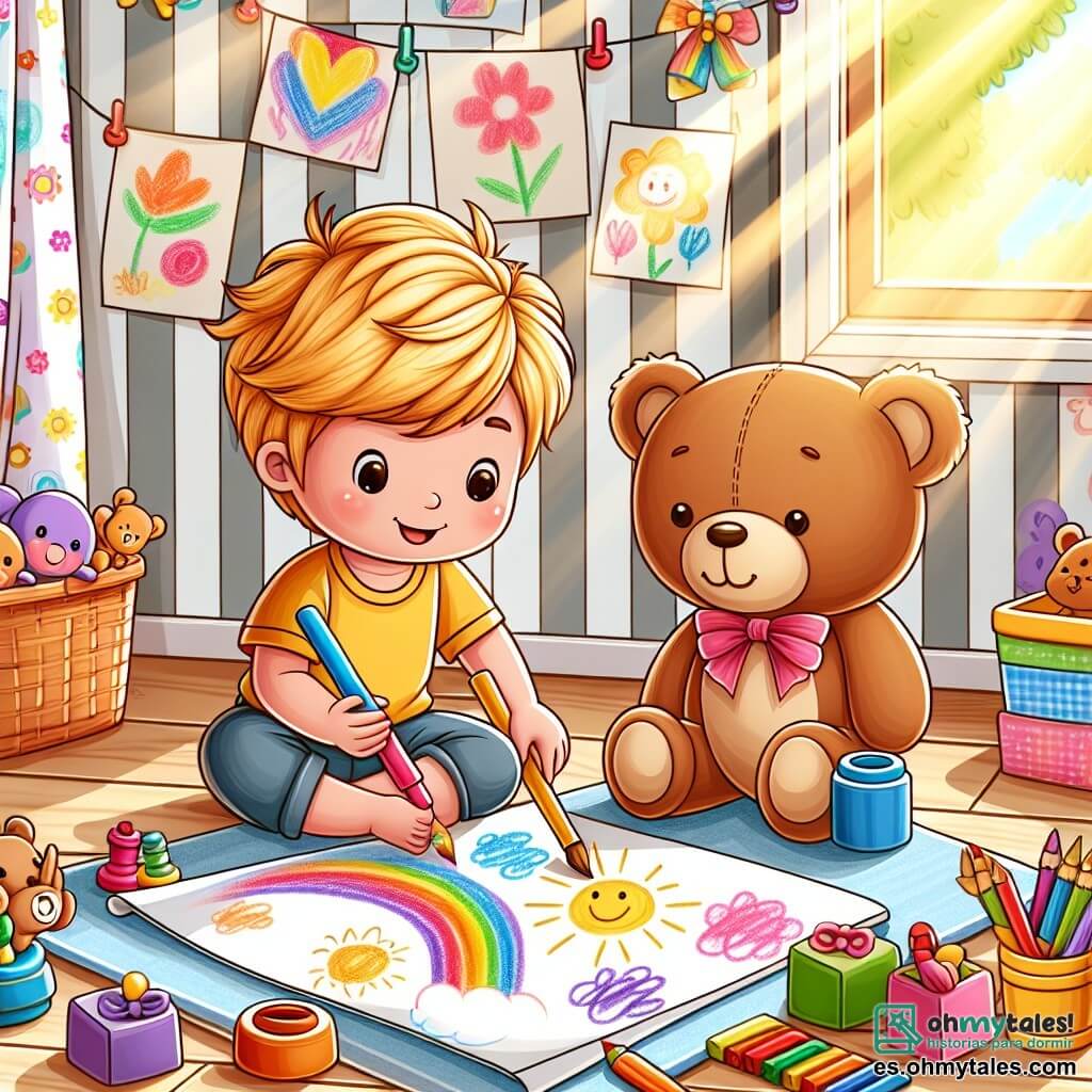 Une illustration destinée aux enfants représentant un petit garçon aux rizos blonds, préparant un cadeau pour sa maman avec l'aide de son fidèle ourson en peluche, entourés de jouets colorés dans sa chambre remplie de dessins accrochés aux murs et de rayons de soleil filtrant à travers les rideaux fleuris.