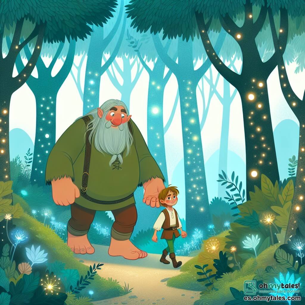 Une illustration destinée aux enfants représentant un géant amical et préoccupé, accompagné d'un garçon courageux, parcourant un bosque encantado avec des arbres aux feuilles scintillantes et des fleurs lumineuses, à la recherche d'une grotte mystérieuse.