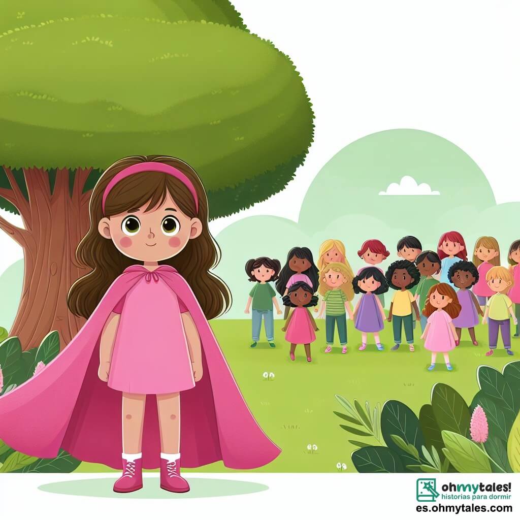 Une illustration destinée aux enfants représentant une petite fille courageuse, vêtue d'une cape rose, se tenant devant un groupe d'enfants, garçons et filles, dans un parc verdoyant avec un grand arbre majestueux, symbole de l'égalité des sexes et de l'amitié.