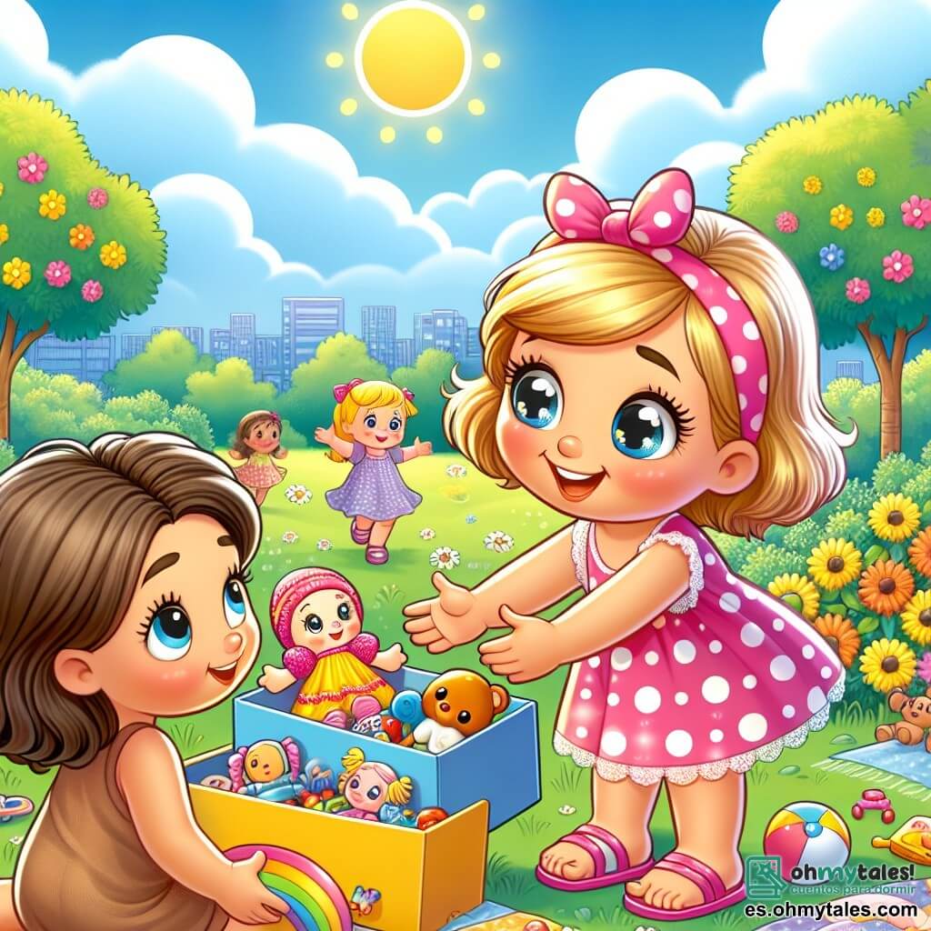 Ilustración que representa un parque soleado, lleno de árboles verdes y flores coloridas, con un gran cielo azul salpicado de nubes blancas esponjosas. En el centro, una niña de 7 años, con cabello rubio y ojos brillantes, lleva un vestido rosa con lunares y sandalias. Ella sonríe alegremente, extendiendo la mano hacia una caja colorida llena de juguetes. A su lado, otra niña de 7 años, con cabello castaño y una expresión tímida, lleva un vestido sencillo y sandalias desgastadas. Ella mira la caja con ojos desorbitados, maravillada por la sorpresa. La escena irradia una atmósfera de felicidad y amistad, ilustrando el momento en que la generosidad y la solidaridad iluminan el corazón de los niños. Juguetes coloridos, como muñecas y globos, están esparcidos a su alrededor, añadiendo un toque de magia a este encuentro.