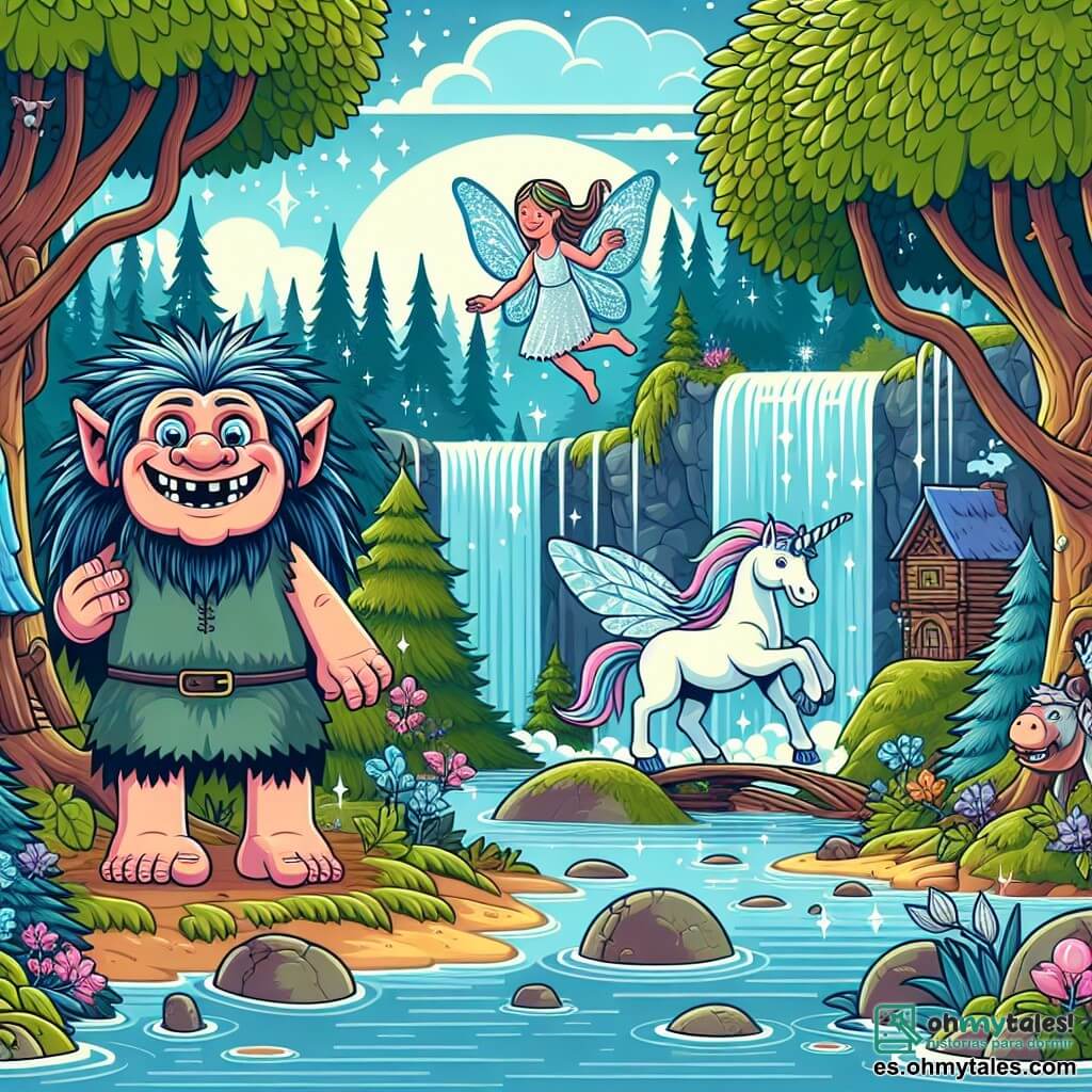 Une illustration destinée aux enfants représentant un troll espiègle, vivant dans une forêt enchantée, en compagnie d'une fée étincelante, dans un monde où des cascades cristallines coulent entre des arbres majestueux aux feuilles chatoyantes et où des licornes galopent joyeusement.