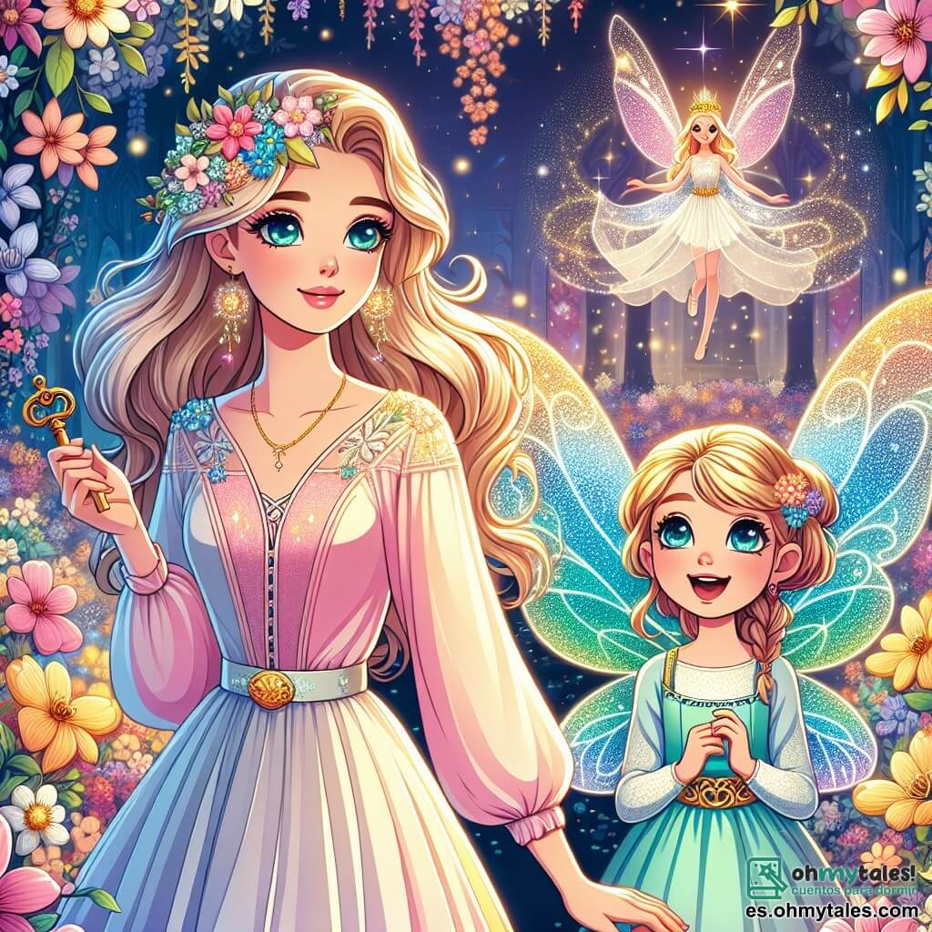 Une illustration sous forme de dessin destinée aux enfants représentant un magnifique jardin enchanté, rempli de fleurs colorées et scintillantes, où une jeune femme aux cheveux dorés et aux yeux pétillants, vêtue d'une robe légère aux teintes pastel, se tient avec un sourire émerveillé, tenant une clé dorée dans sa main, tandis qu'à ses côtés, une petite fée aux ailes iridescentes et à la lumière éclatante, avec un visage joyeux, vole autour d'elle, et ensemble, elles se préparent à affronter une sombre reine maléfique pour restaurer la lumière du royaume.