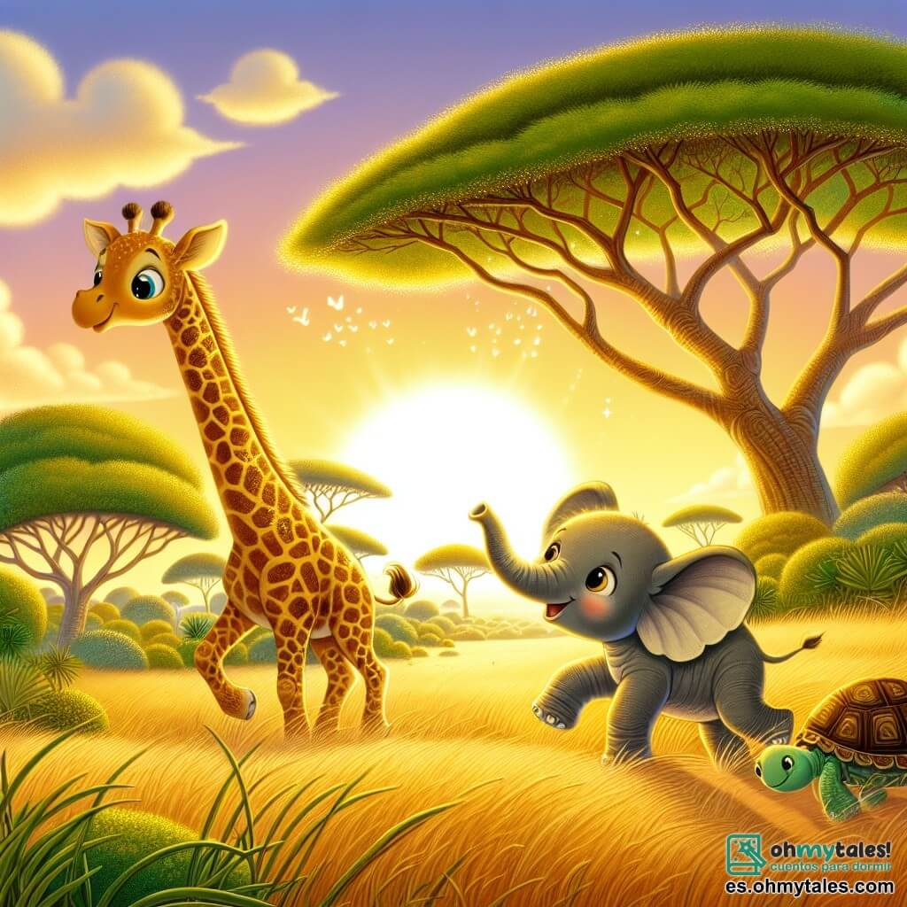 Illustration destinée aux enfants représentant une vaste savane africaine baignée par la lumière dorée du soleil couchant, où de majestueux acacias se dressent avec leurs feuilles vert émeraude. Au centre, une girafe au long cou et aux taches dorées scintillantes s'étire vers le ciel, tentant d'atteindre des nuages doux et cotonneux qui flottent au-dessus d'elle. À ses côtés, un petit éléphant aux grandes oreilles et à la peau grise, avec une trompe curieuse, regarde avec émerveillement, tandis qu'une tortue sage, au dos orné de motifs naturels, avance lentement, souriant à la scène. L'atmosphère est remplie de magie et d'amitié, alors que les personnages partagent un moment de joie, entourés de couleurs vibrantes du coucher de soleil et d'une légère brise qui fait danser les herbes hautes.