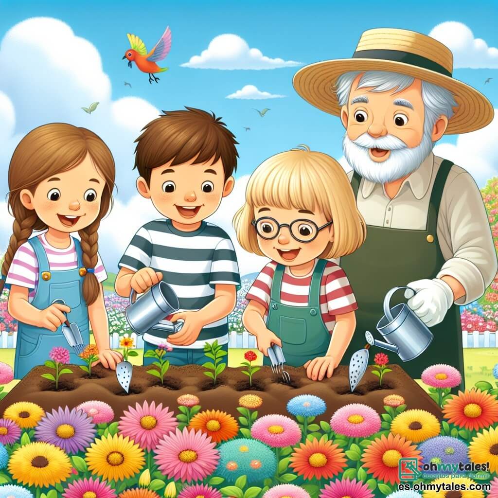 Une illustration sous forme de dessin destinée aux enfants représentant un jardin vibrant de fleurs colorées au printemps, où un groupe de quatre enfants de 9 ans, deux garçons aux cheveux bruns et un t-shirt rayé, une fille aux cheveux blonds tressés et une autre fille avec des lunettes et un chapeau de paille, sont en train de planter des graines avec enthousiasme, tandis qu'un grand-père souriant, aux cheveux gris et portant un chapeau de jardinier, les observe avec fierté, le tout sous un ciel bleu clair parsemé de nuages blancs duveteux.