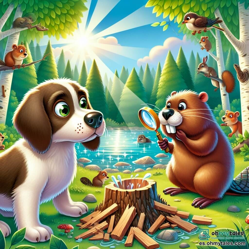 Ilustración que representa un lago brillante en el corazón de un bosque verde, rodeado de árboles con hojas de un verde intenso, con rayos de sol filtrándose a través de las ramas. En primer plano, un perro de pelaje marrón y blanco, con ojos brillantes de curiosidad, sostiene una lupa en una pata, observando atentamente una extraña máquina de madera que aspira agua del lago. A su lado, un castor de grandes dientes y pelaje marrón, con una expresión avergonzada, intenta desarmar la máquina, con las patas llenas de trozos de madera. En el fondo, animales como ardillas y pájaros observan la escena, intrigados y preocupados, mientras un grupo de ranas se reúne sobre una piedra, listas para saltar al lago que empieza a llenarse de nuevo. La atmósfera es a la vez divertida y llena de suspense, capturando el espíritu de aventura y amistad de la historia.